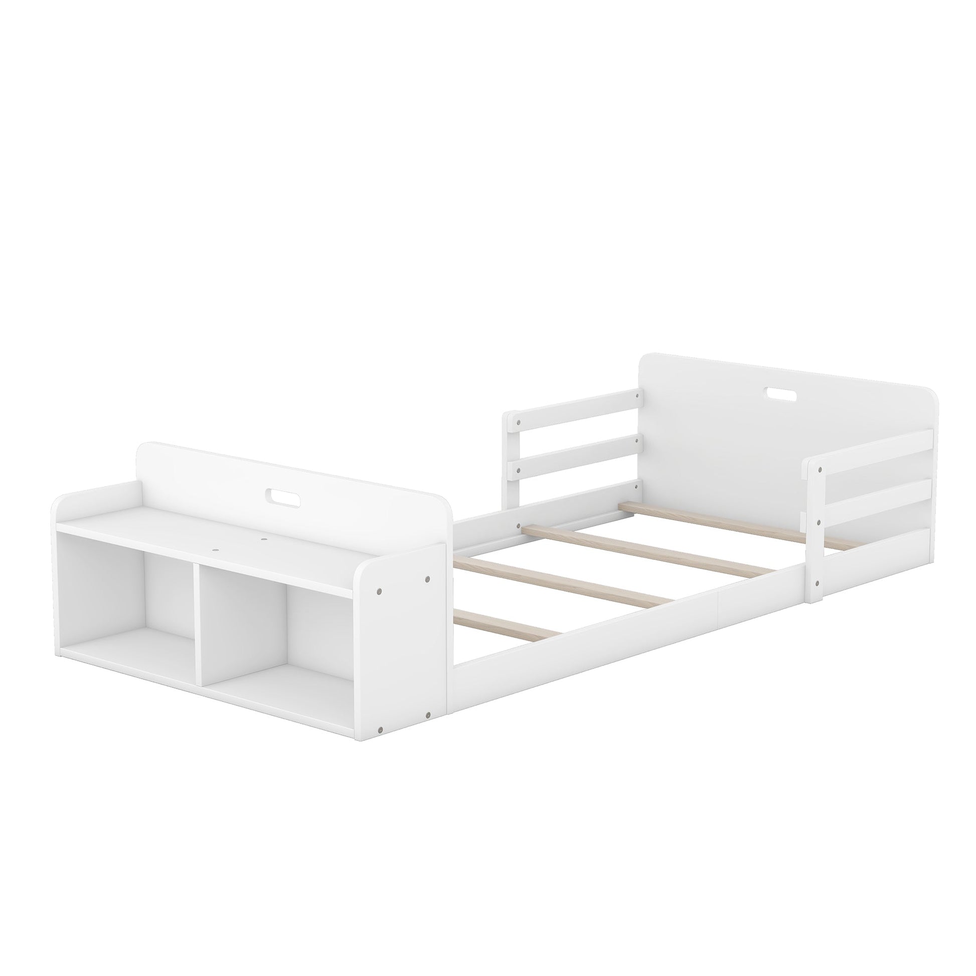 Twin Size Floor Bed with Storage Footboard and Guardrail, White - Korvel