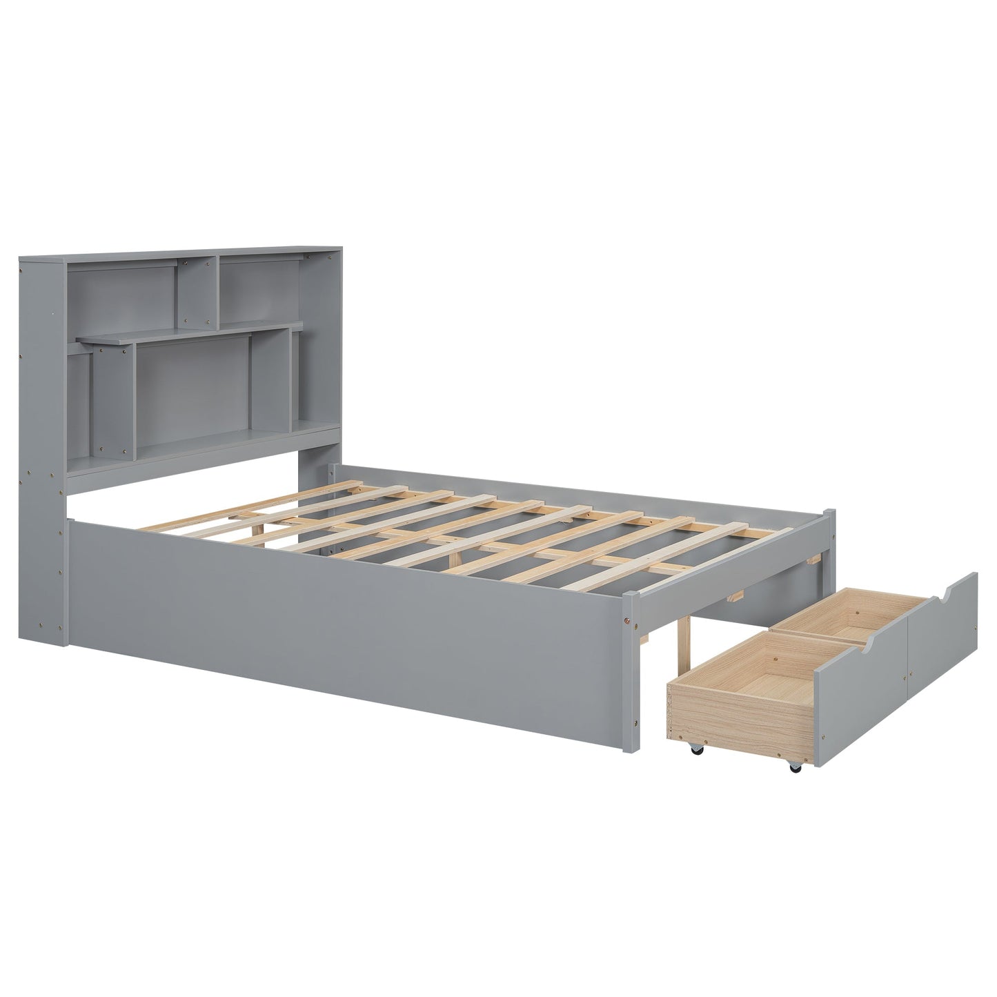 Full Size Platform Bed with Storage Headboard and 2 Drawers, Gray - Korvel