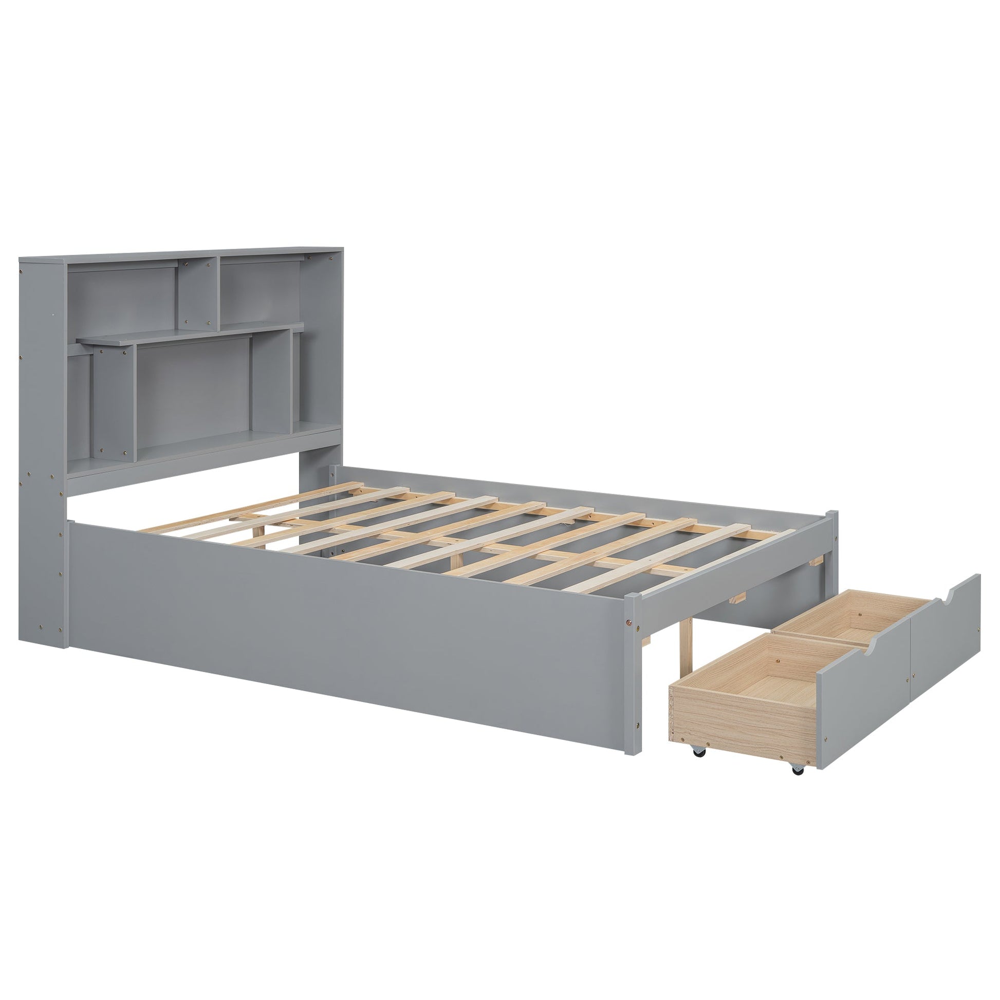 Full Size Platform Bed with Storage Headboard and 2 Drawers, Gray - Korvel
