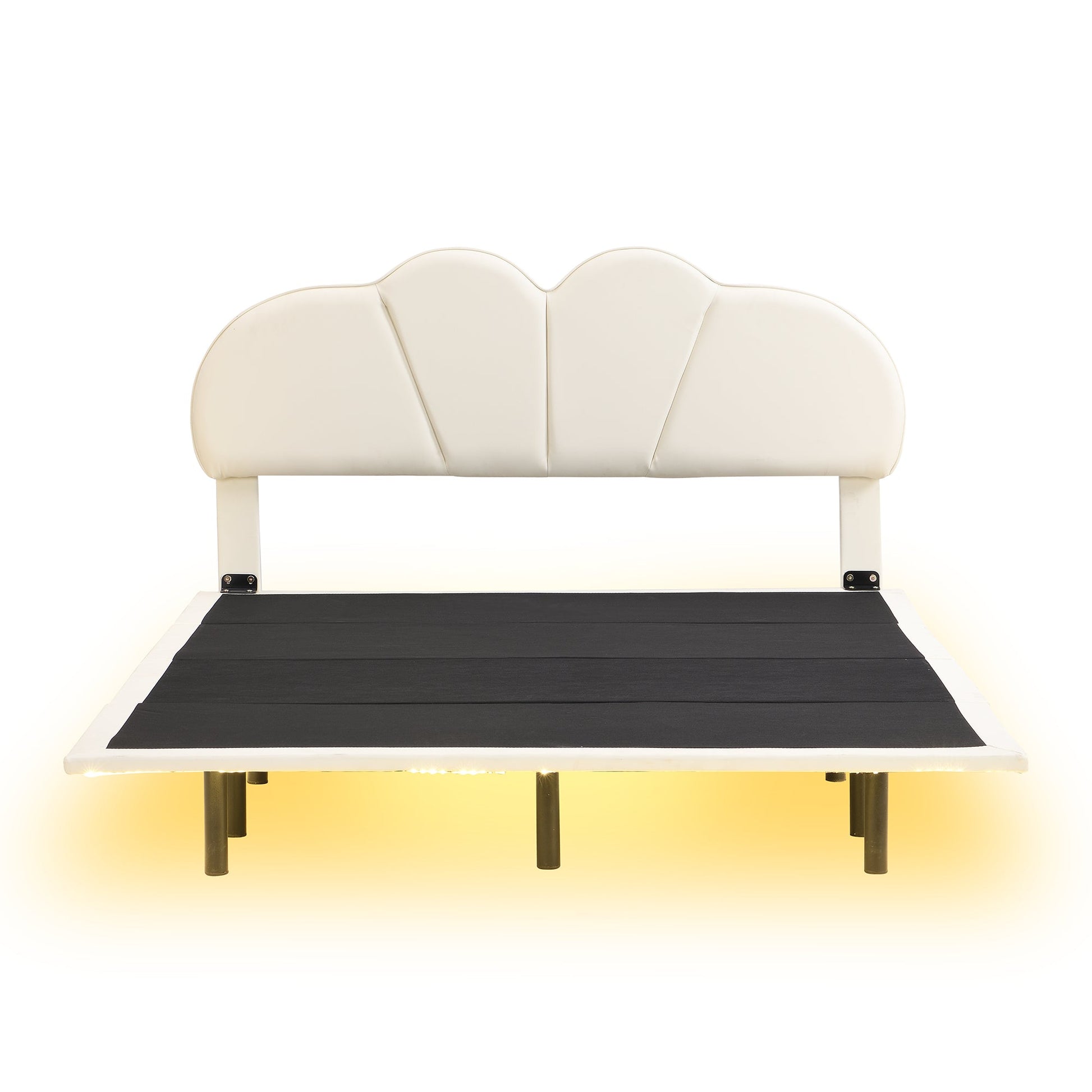 Queen Size Upholstery LED Floating Bed with PU Leather Headboard and Support Legs,Beige - Korvel