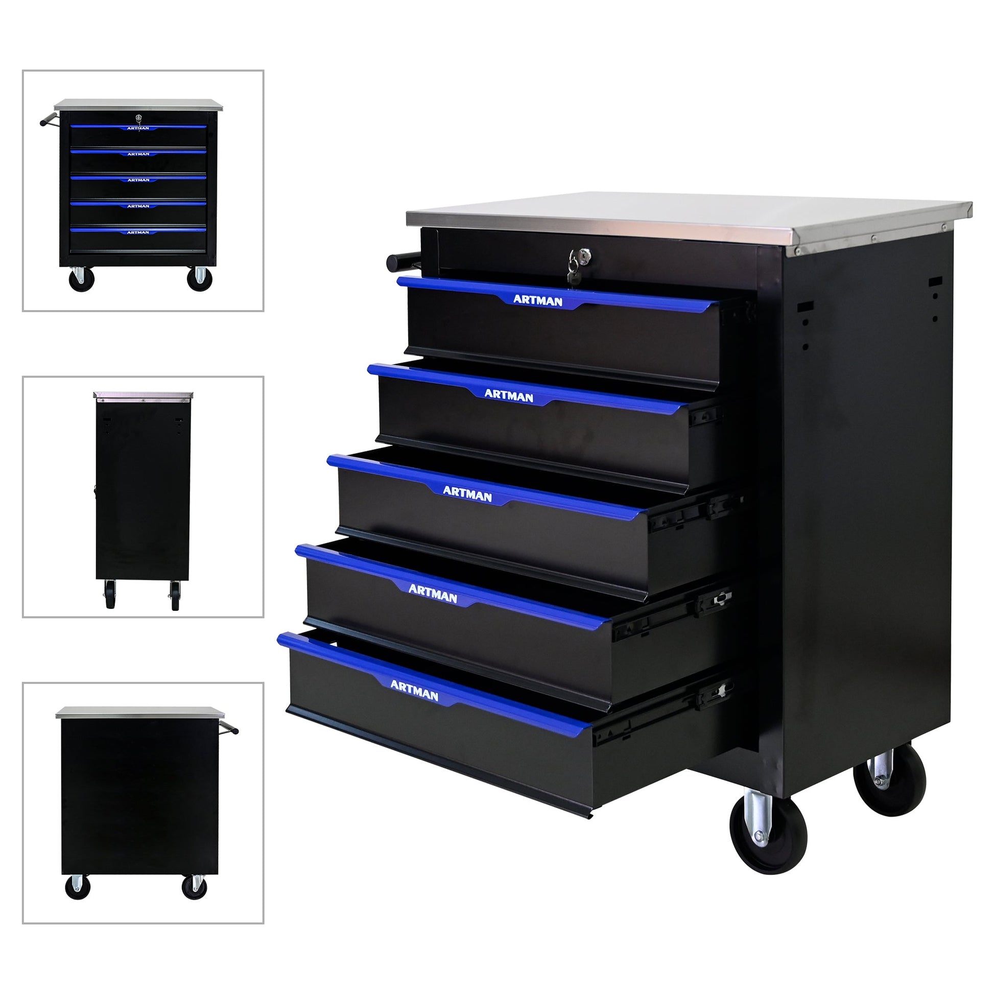 5 DRAWERS MULTIFUNCTIONAL TOOL CART WITH WHEELS-BLACK+BLUE - Korvel