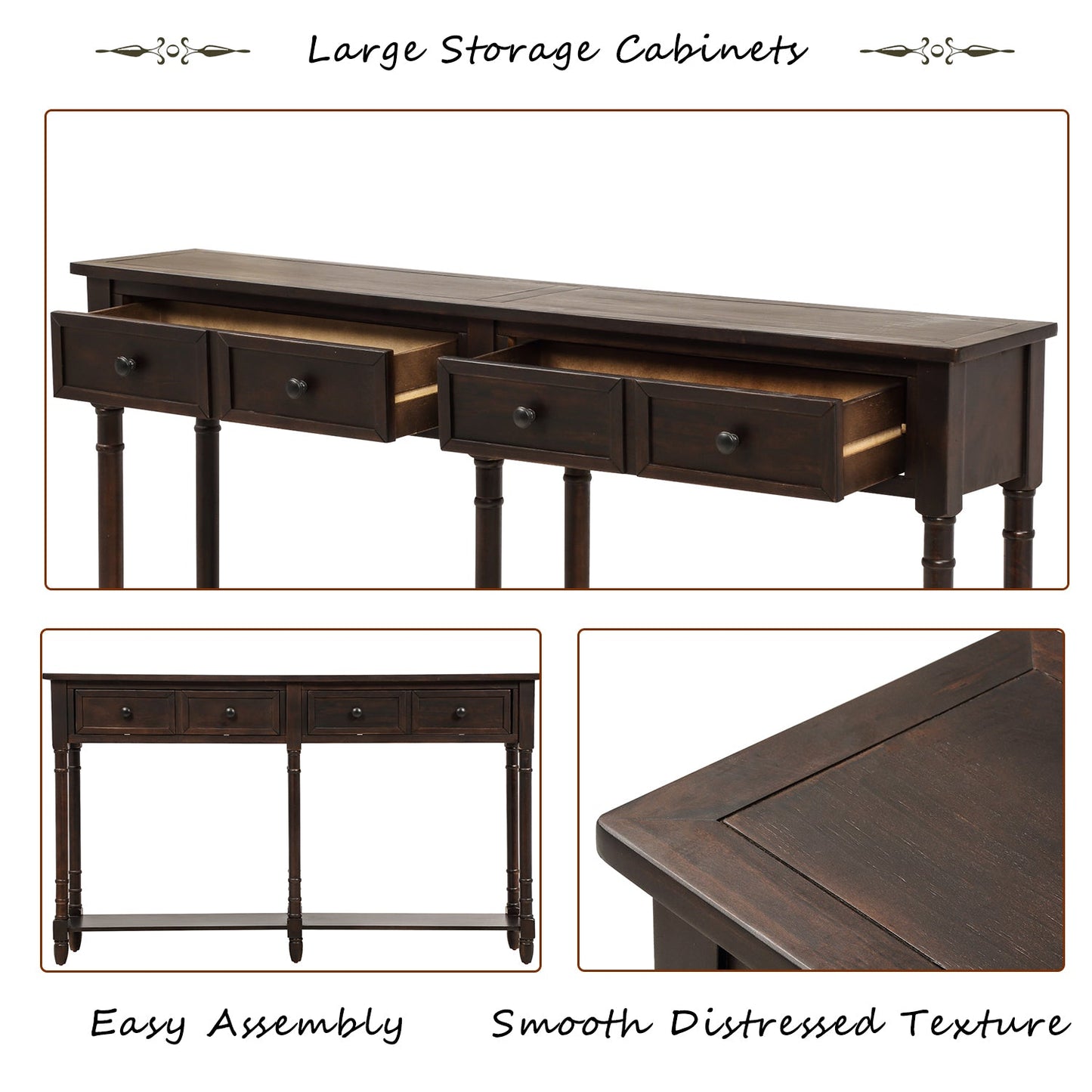 TREXM Espresso Console Table with Storage Drawers