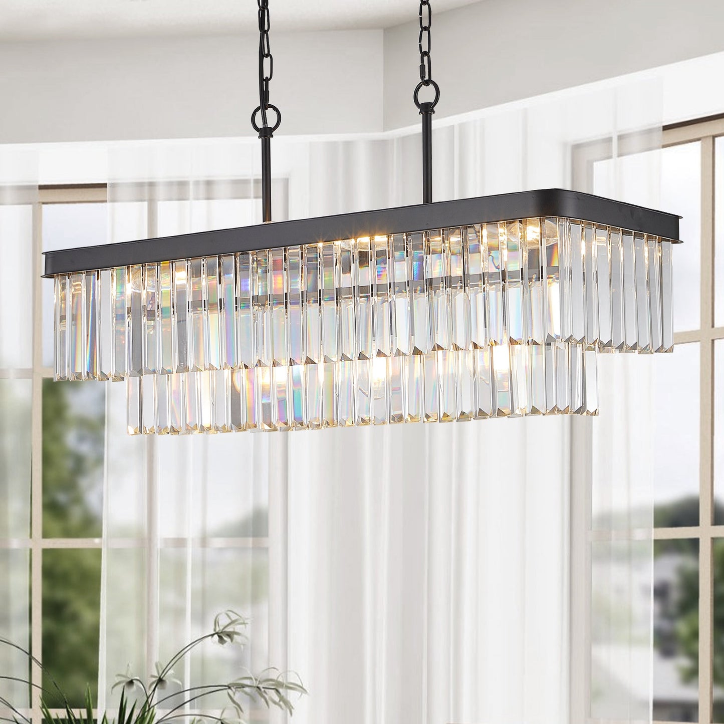 Chandeliers,Rectangular Crystal Chandelier Adjustable,E12 Modern Industrial Crystal Lights (Bulb Not Included) - Korvel