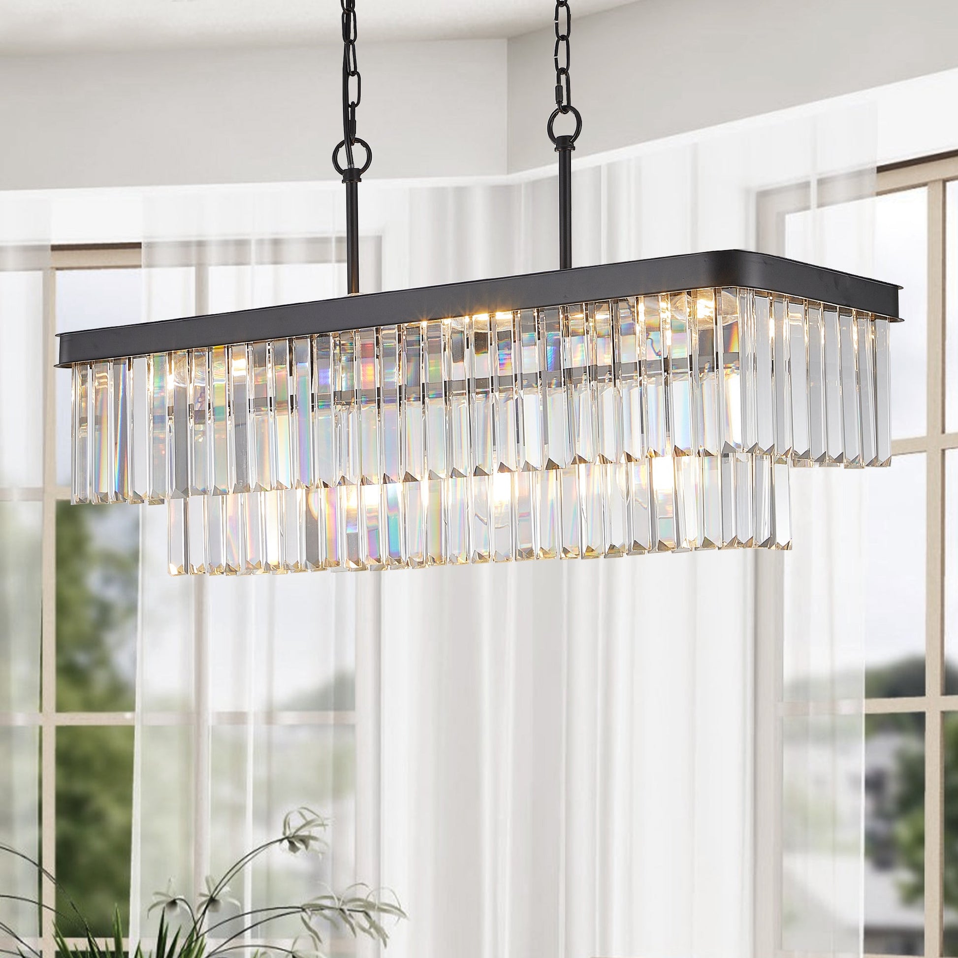 Chandeliers,Rectangular Crystal Chandelier Adjustable,E12 Modern Industrial Crystal Lights (Bulb Not Included) - Korvel