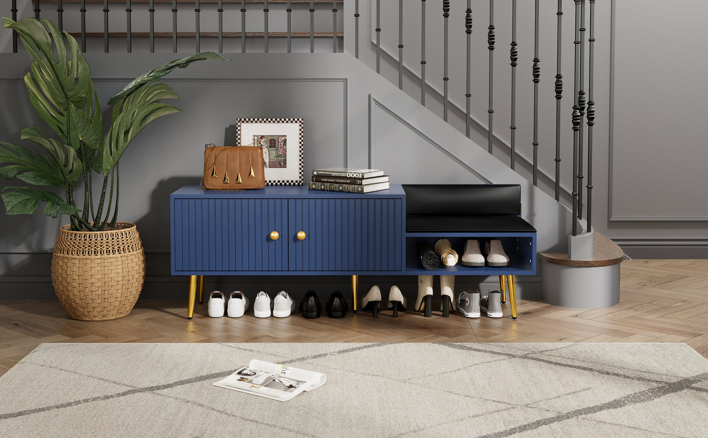 Modern Navy Shoe Storage Bench with Hidden Storage & Cushions