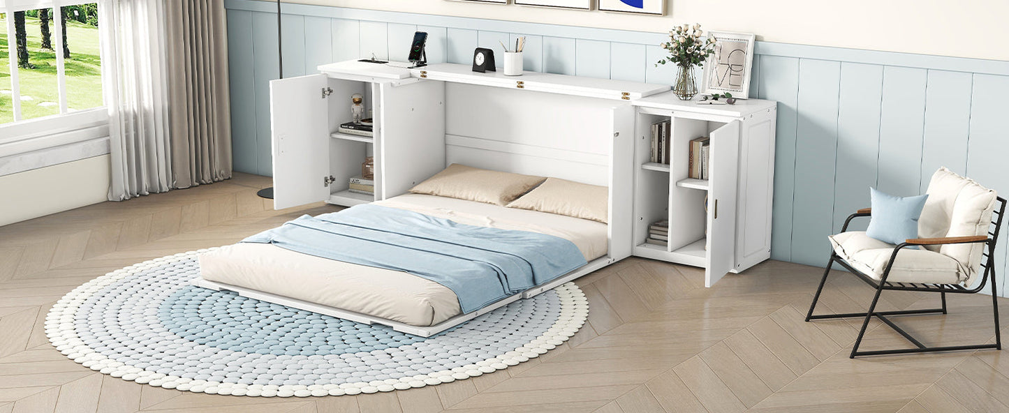 Lit Murphy Queen Size avec étagères et ports USB - Blanc
