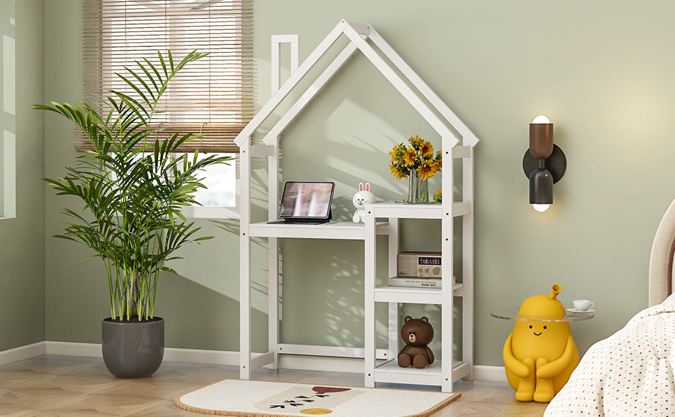 House-shaped Wooden writing Desk,Kids study Table,Bookshelf & Toy Storage,White - Korvel