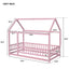 Twin Size Floor Wooden Bed with House Roof Frame, Fence Guardrails,Pink - Korvel
