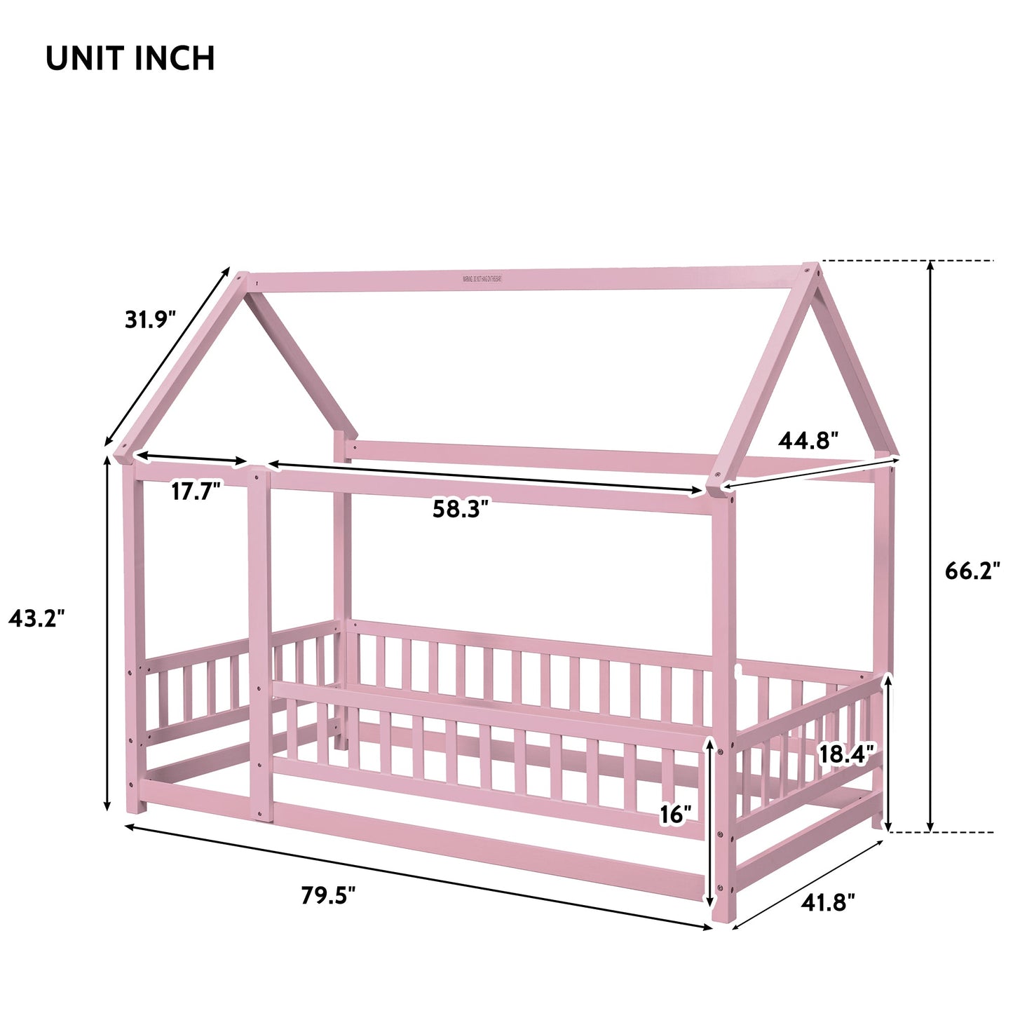 Twin Size Floor Wooden Bed with House Roof Frame, Fence Guardrails,Pink - Korvel