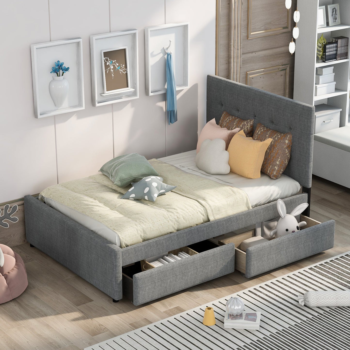 Linen Upholstered Platform Bed With Headboard and Two Drawers Full - Korvel