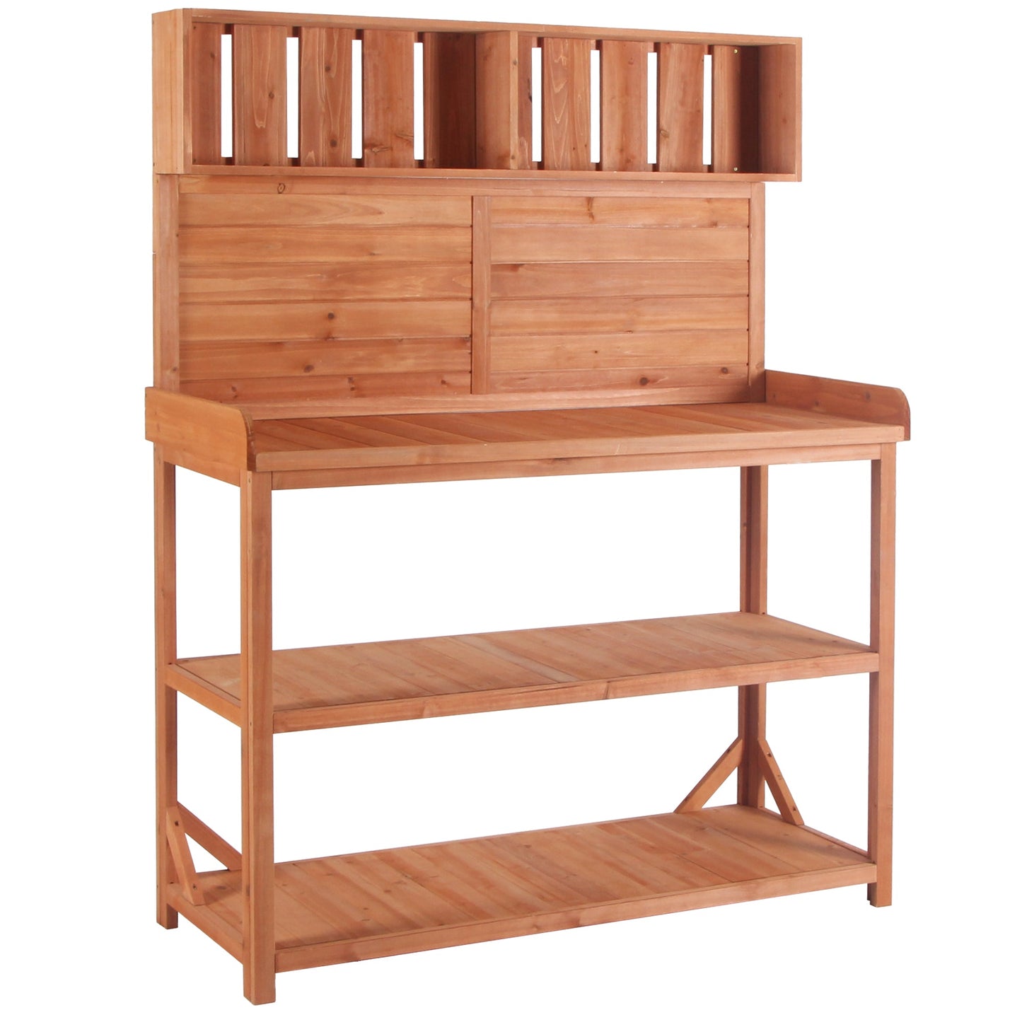 65" Large Wooden Farmhouse Rustic Outdoor Potting Bench Table Garden Potting Bench with 4 Storage Shelves and Side Hook,Natural - Korvel
