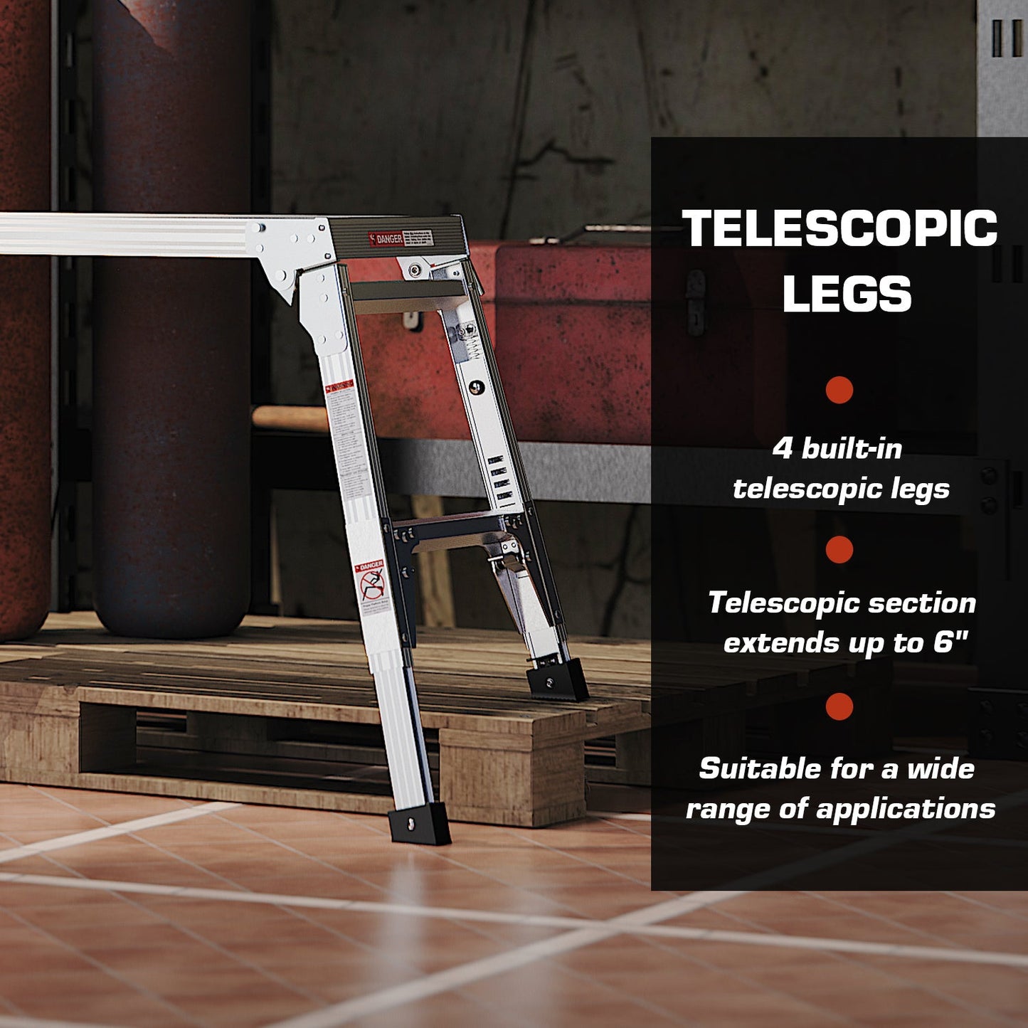 Aluminum Work Platform Large Size Step Stool Folding Portable Work Bench 40" Width Telescopic Feet 22" -27.5" Height Adjustable - Korvel