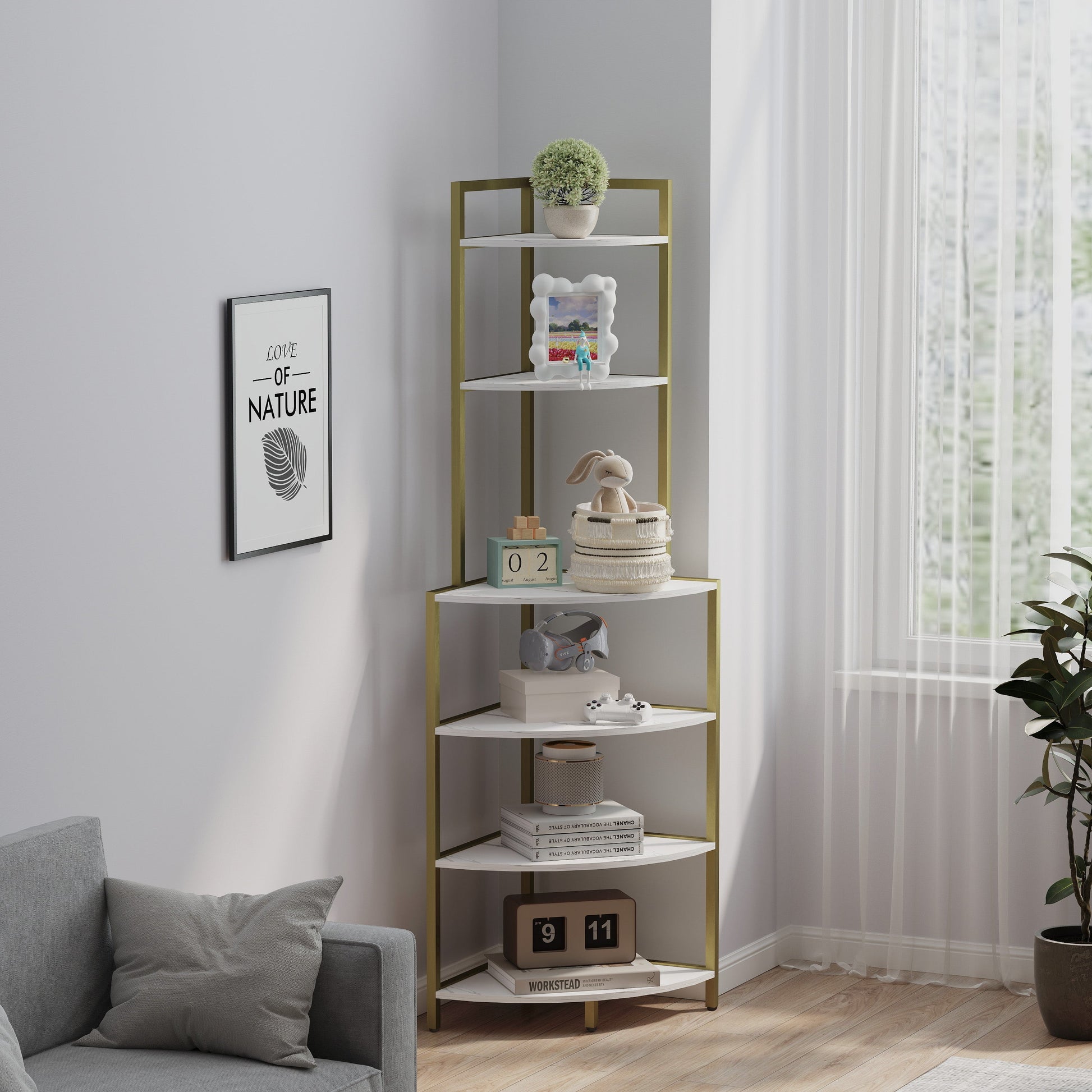 6-story corner open bookshelf, modern bookshelf, wooden frame, independent bookshelf unit, - Korvel