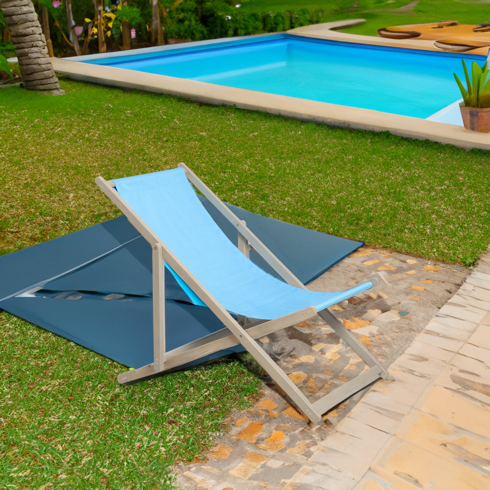 Beach Sling Patio Chair Set of 2,Wooden Folding Outdoor Chairs for Outside 3 Level Height Adjustable, Portable Reclining Beach C - Korvel