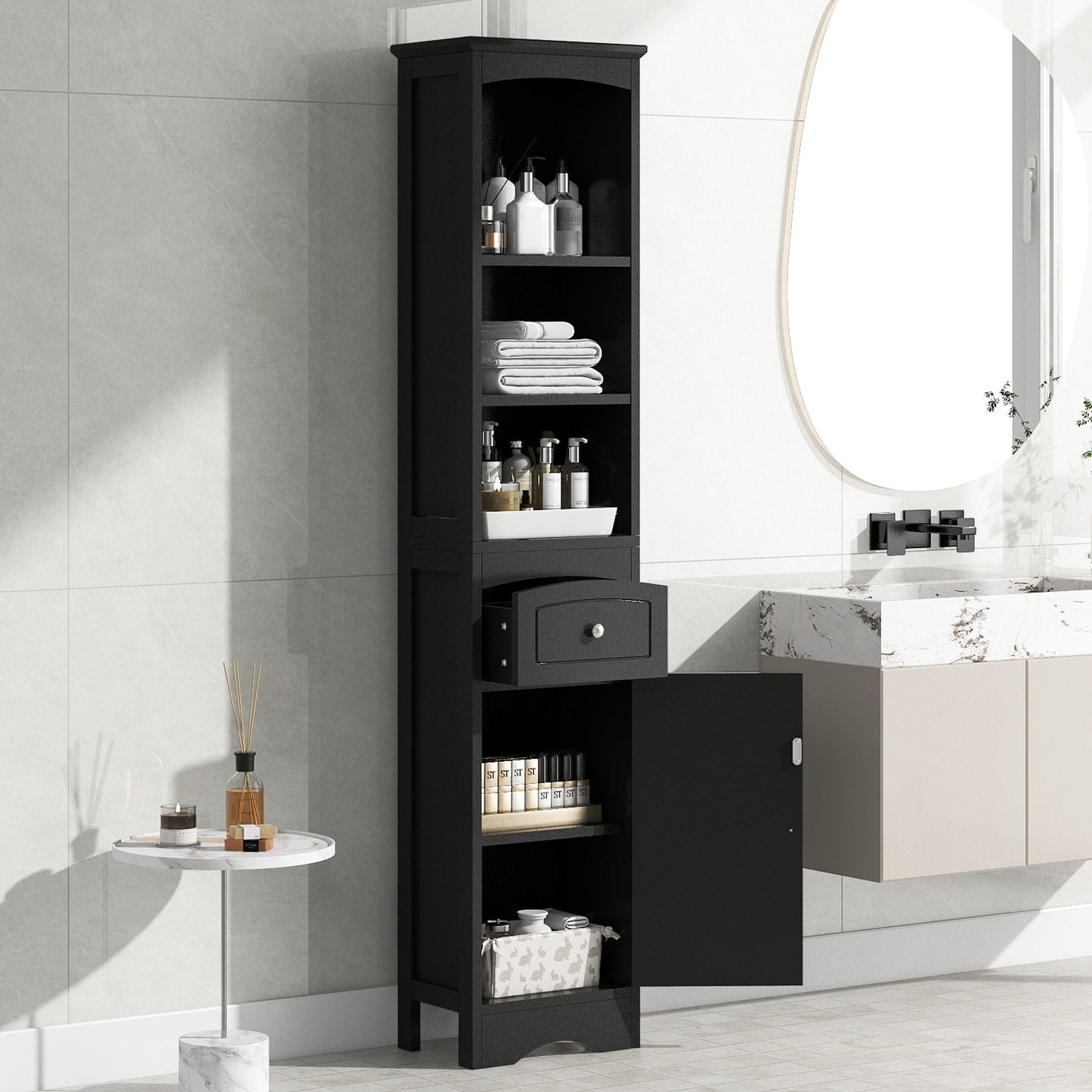 Armoire de Salle de Bain Élégante et Haute avec Étagère Réglable - Noir