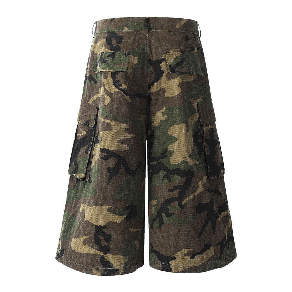 Loose Wide-Leg Camouflage Three-Quarter Pants Men's Summer Work Shorts Pleated Design with Large Pockets - Korvel