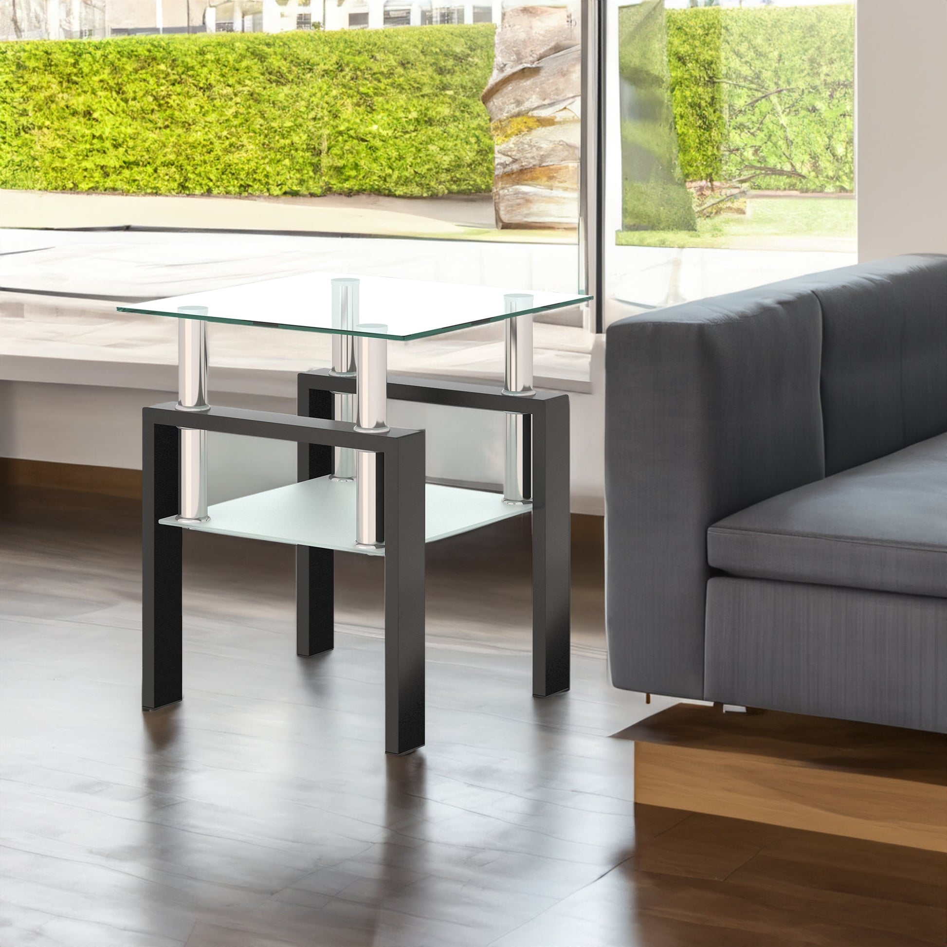 1-Piece Modern Tempered Glass Tea Table Coffee Table End Table, Square Table for Living Room, Transparent/Black - Korvel