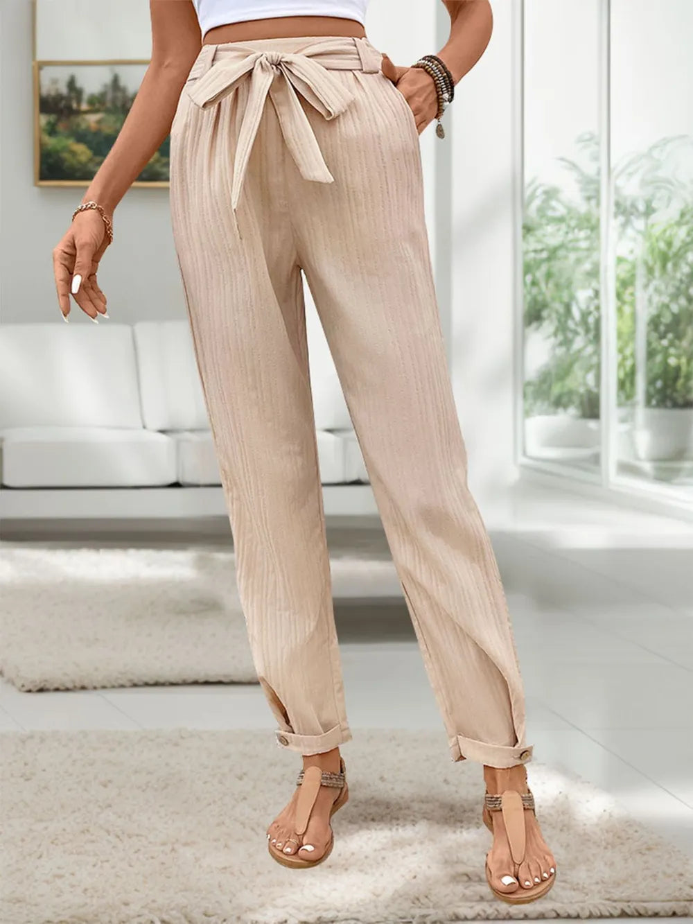 Pantalones de Cintura Alta con Cinta