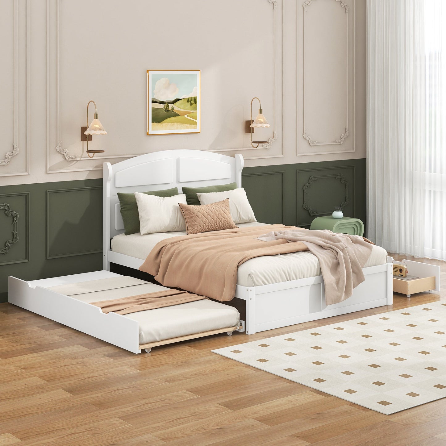 Lit plateforme queen en bois blanc élégant avec lit gigogne