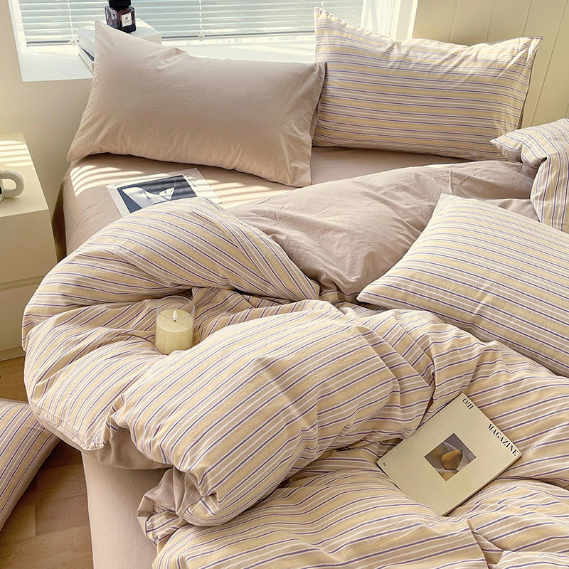 Cotton Dyed Washed Cotton Bedding Set Pure Cotton A Class Flat Sheet Quilt Cover Fitted Sheet Quilt Cover Three-Piece Set Striped - Korvel