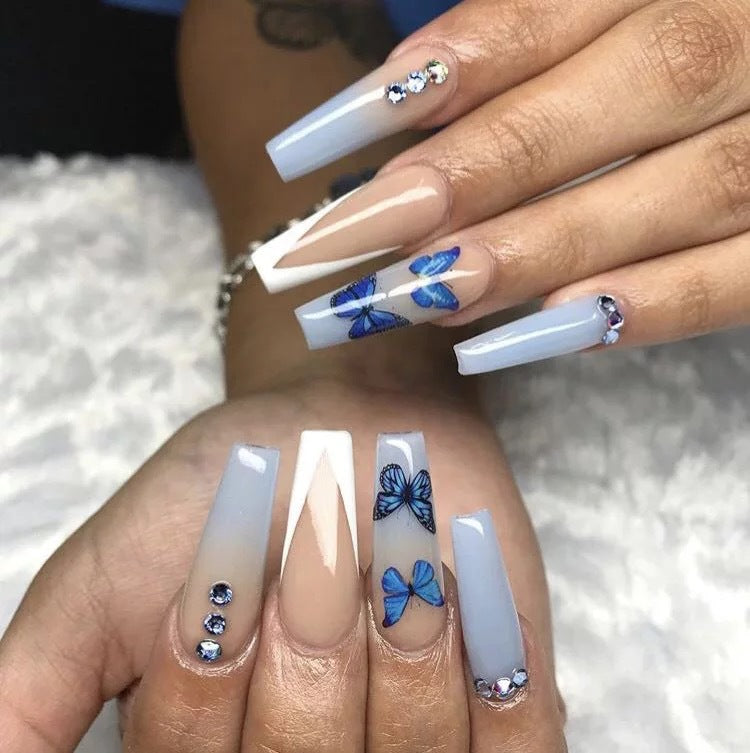 Ins Net Red With The Same Blue Butterfly Point Drill V-Shaped French Style Personality Trend Wearing Manicure Nail Patch - Korvel