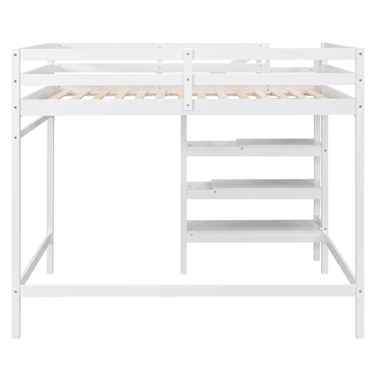 Full Size Loft Bed with Storage Staircase and Clothes Hanger - White