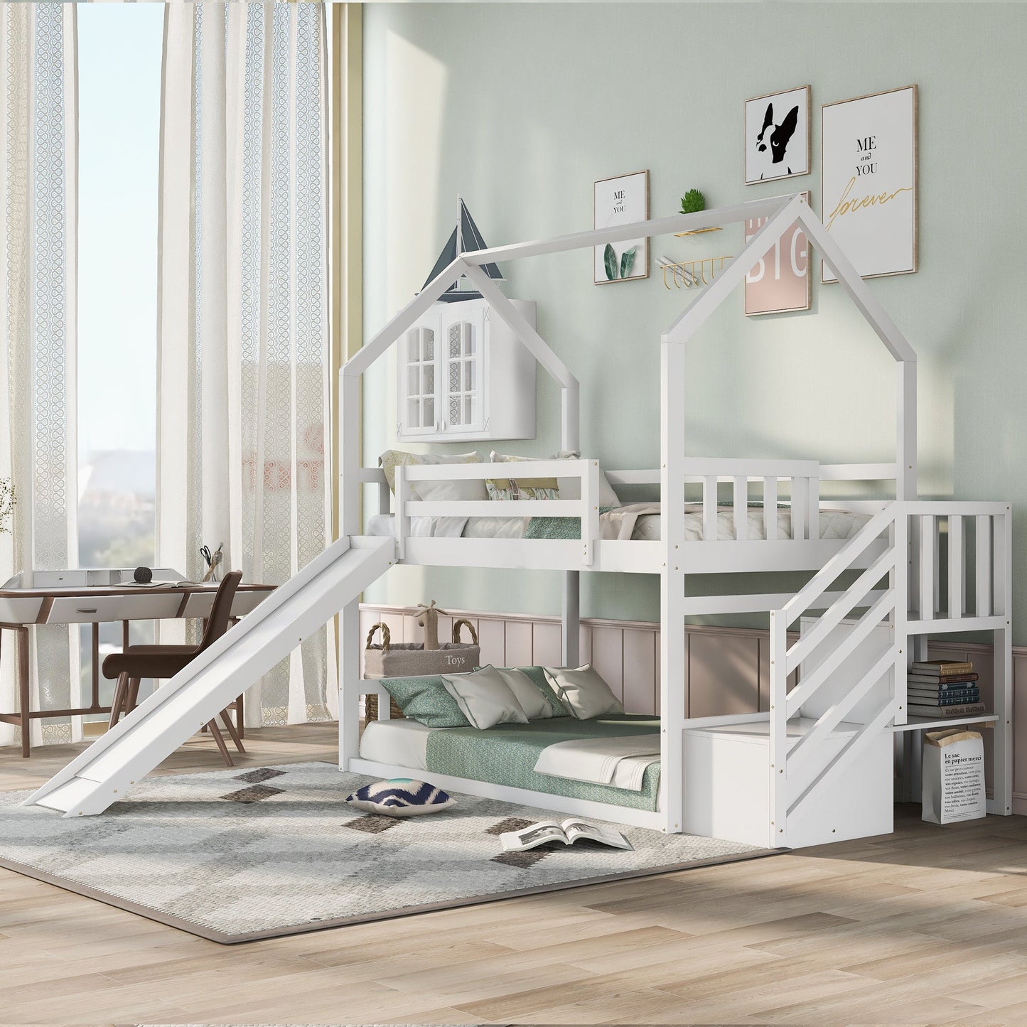 Twin over Twin House Bunk Bed with Convertible Slide,Storage Staircase,White - Korvel