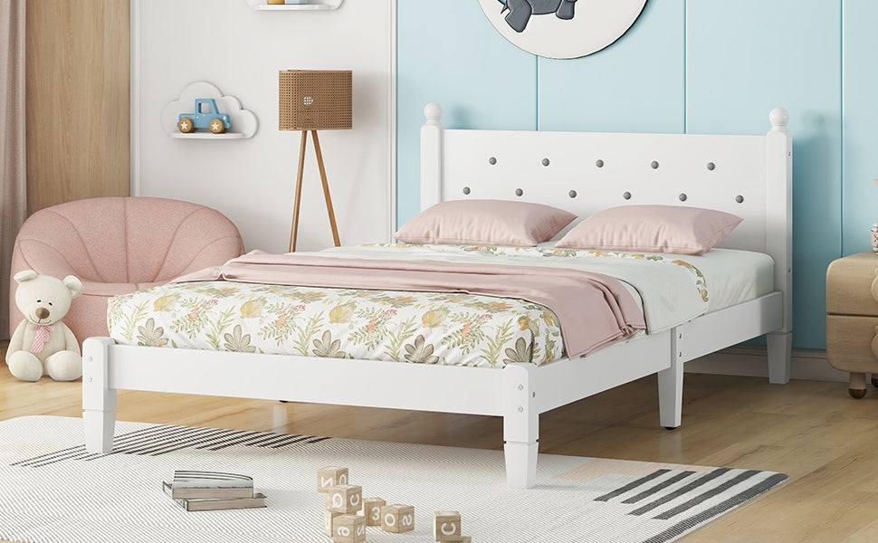 Twin Bed with Button-Decoration Headboard, with Bed Slats,White - Korvel