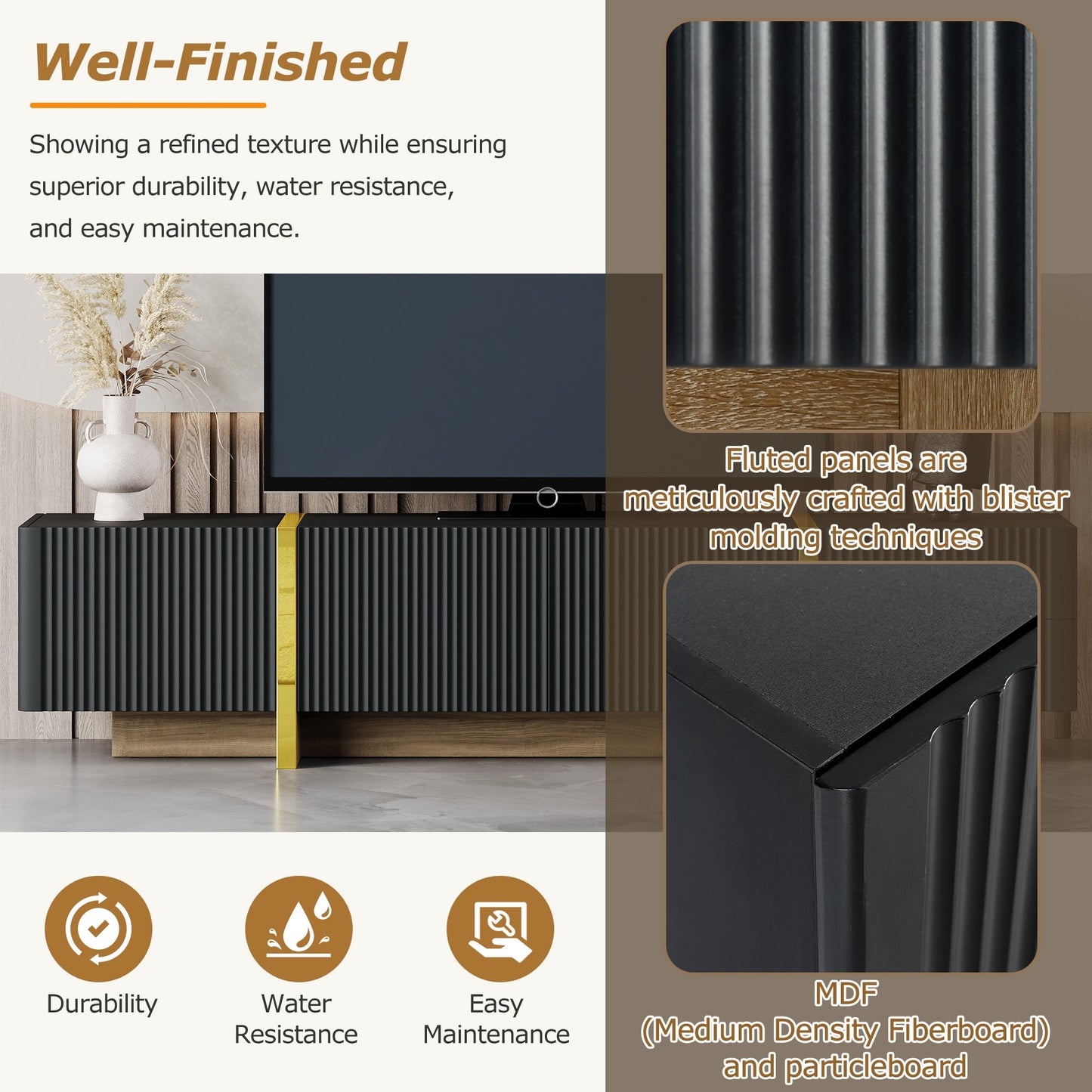 Luxury Fluted TV Stand for TVs Up to 80'', Modern Entertainment Center with Storage Cabinets & Drawers Black - Korvel