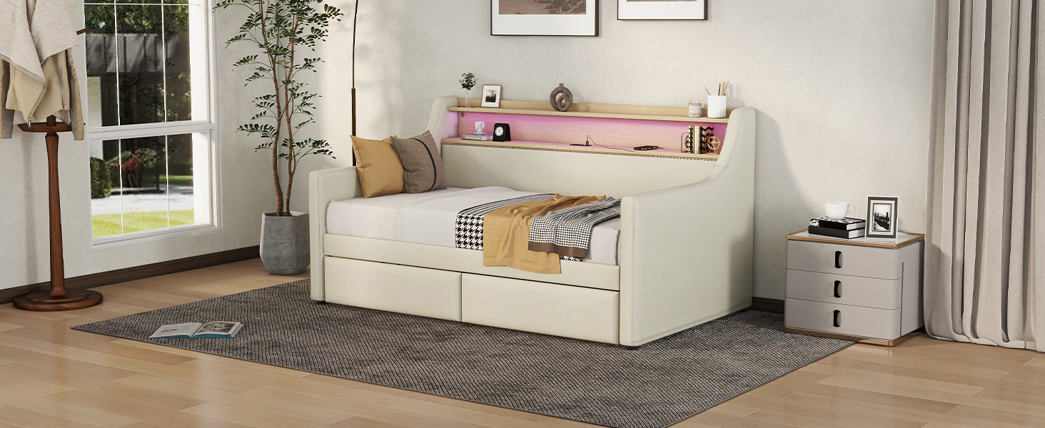 Twin Size Daybed with Storage Drawers, Upholstered Daybed with Charging Station and LED Lights, Beige - Korvel