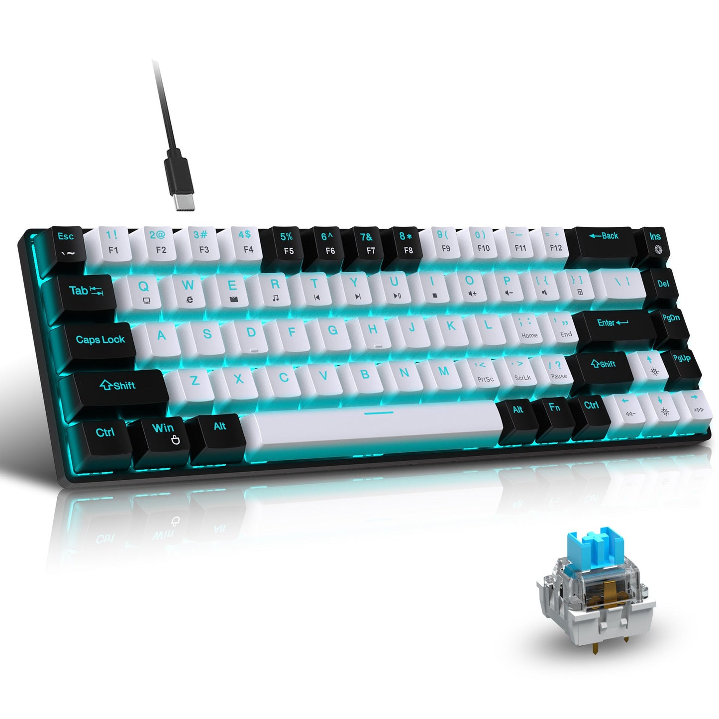 68 keys, 60% keyboard, customized color blocked keycaps, RGB mechanical keyboard, MINI set, plug-in blue axis ice blue disc - Korvel