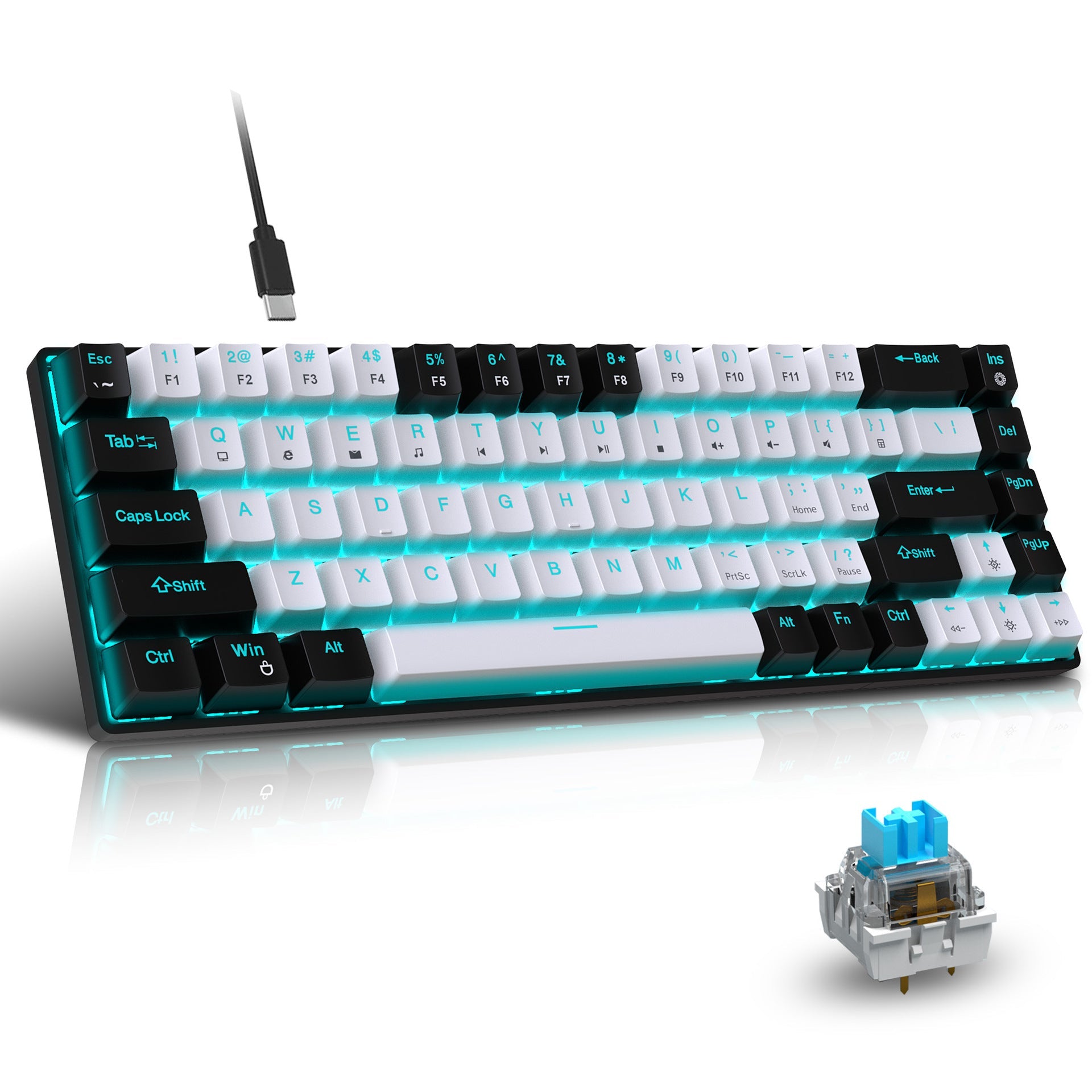 68 keys, 60% keyboard, customized color blocked keycaps, RGB mechanical keyboard, MINI set, plug-in blue axis ice blue disc - Korvel