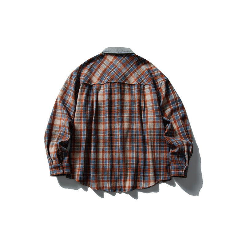 Color blocked denim patchwork brushed plaid shirt for men and women - Korvel