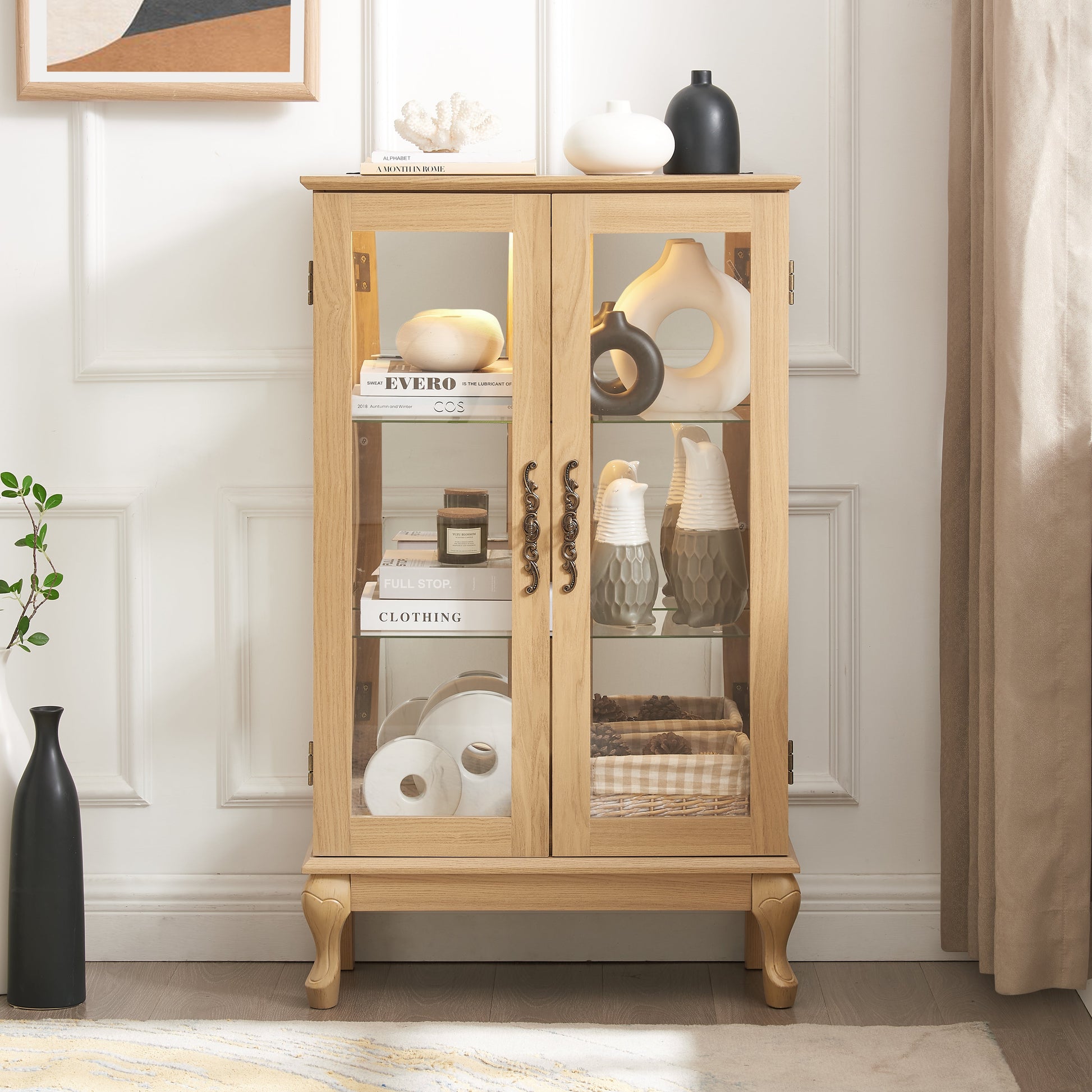 Dual door Curio cabinet with tempered glass doors, mirrored back panel and adjustable shelves, home lighting display cabinet Oak - Korvel