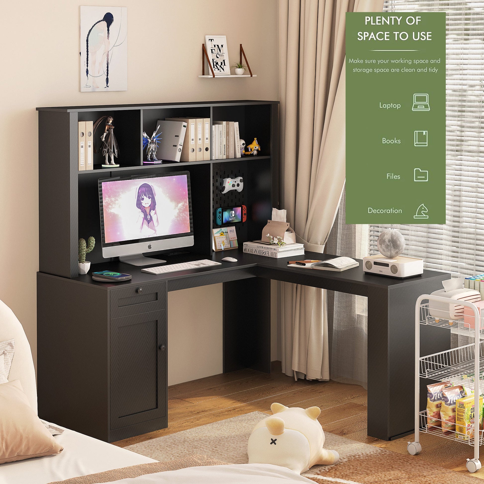 Writing desk with drawer bookshelf and charger, modern L-shaped desk with storage space, corner gaming computer desk - Korvel