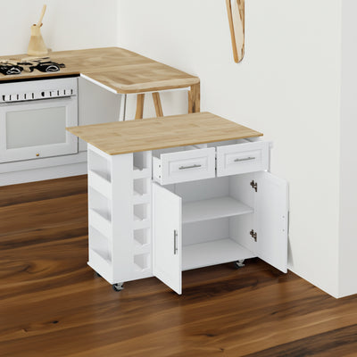 Multi-Functional Kitchen Island Cart with 2 Door Cabinet and Two Drawers,Spice Rack, Towel Holder, Wine Rack, and Foldable Rubberwood Table Top (White) - Korvel