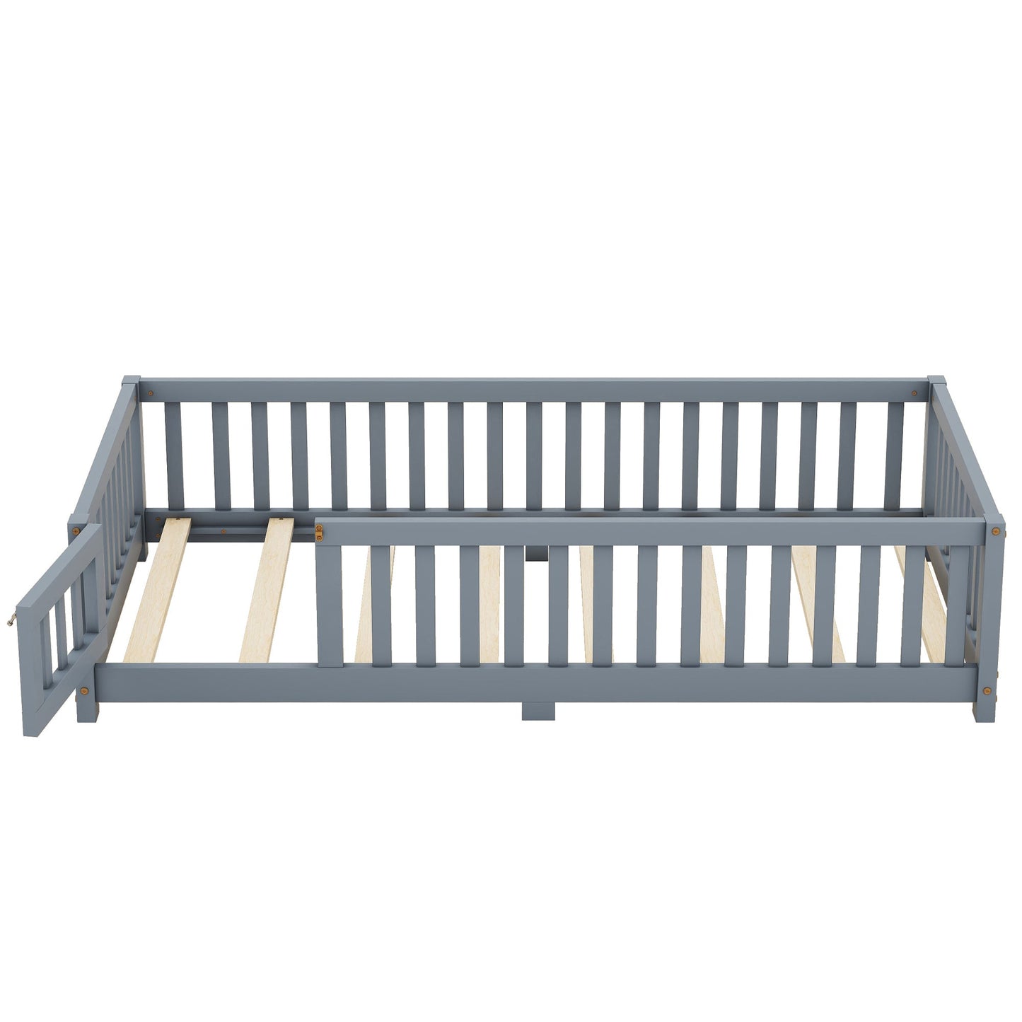 Twin Size Bed Floor Bed with Safety Guardrails and Door for Kids, Gray - Korvel