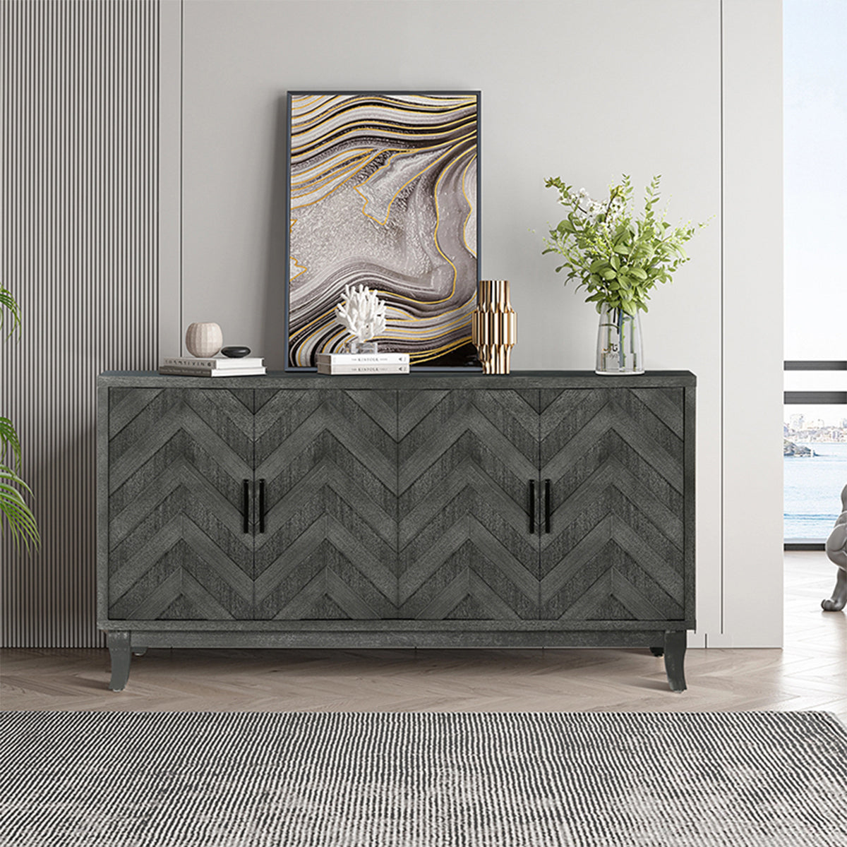 Stronger Vintage Style Buffet Cabinet Lacquered Accent Storage 4 Door Wooden Cabinets Taupe Grey - Korvel