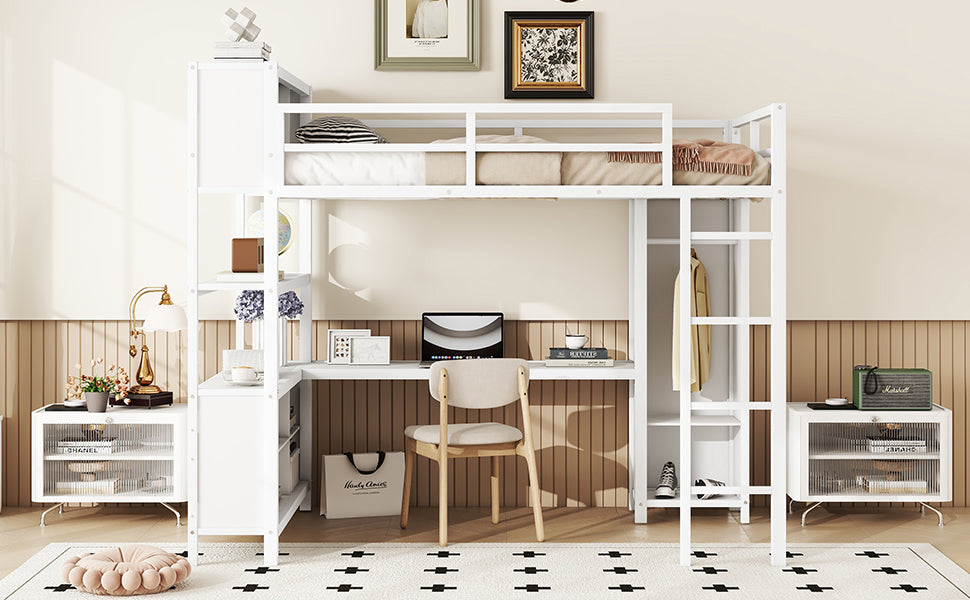 Metal loft bed with wardrobe and L-shaped desk, full-size loft bed with storage cabinet and shelf, white - Korvel