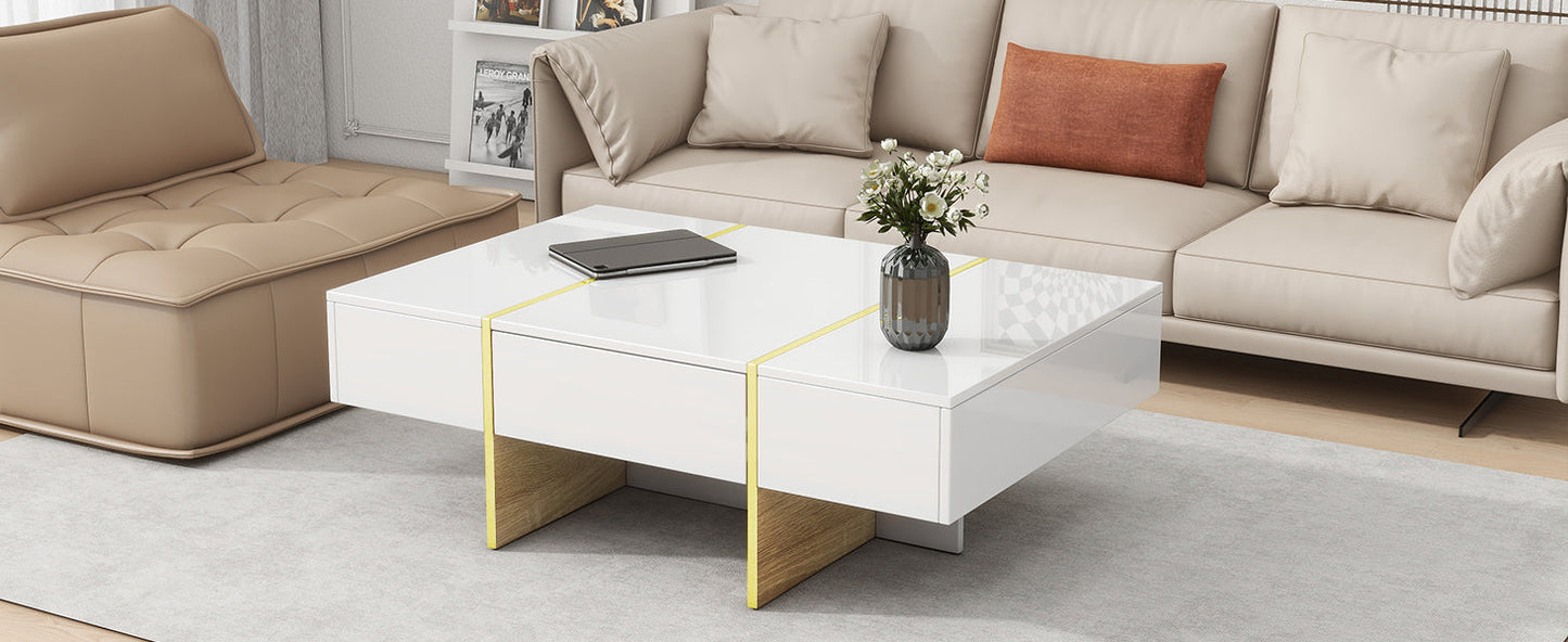 ON-TRANS 47.2 inch x 31.4 inch multifunctional rectangular sofa table with 2 drawers and gold wood grain leg center table, white - Korvel