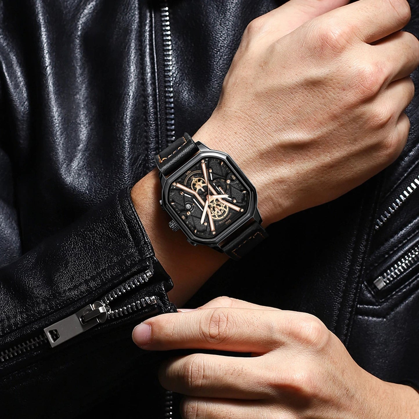 POEDAGAR Fashion Men Luxury Wristwatches Chronograph Luminous Waterproof Date Man Watch Square Dial Leather Quartz Men's Watches - Korvel