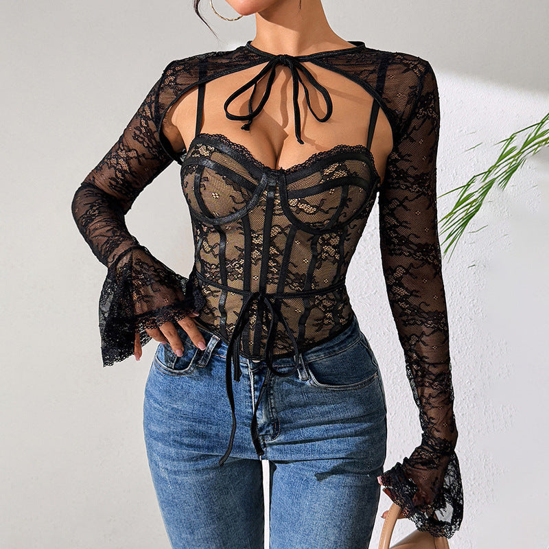 Lace sexy mesh see through backless long sleeved shawl new two-piece set spicy girl camisole vest - Korvel