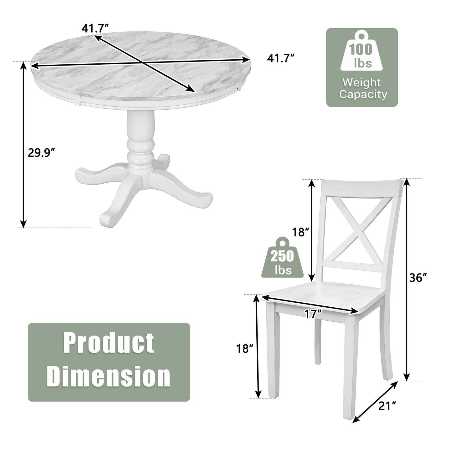 Orisfur 5 Pieces Dining Table and Chairs Set for 4 Persons Kitchen Room Solid Wood Table with 4 Chairs MDF + White + Solid Wood - Korvel