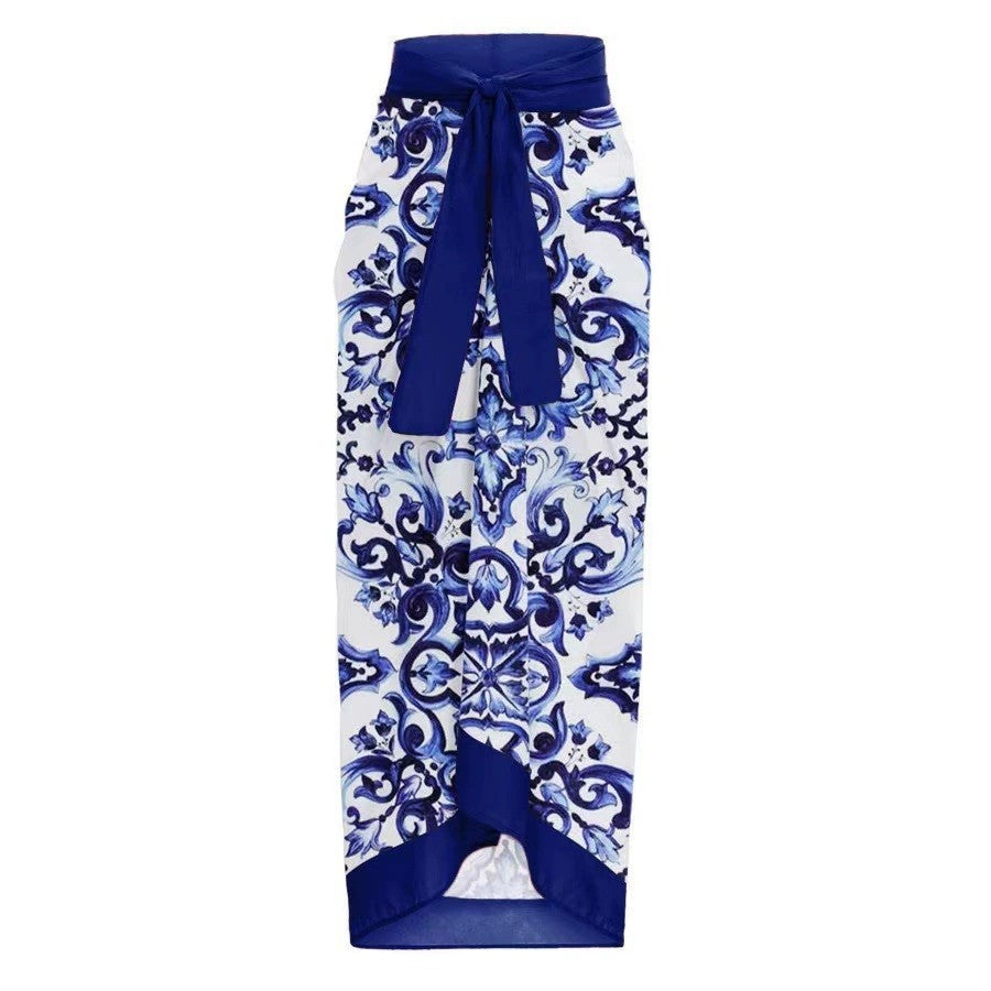 Blue and white porcelain print retro beach vacation hot spring swimsuit - Korvel