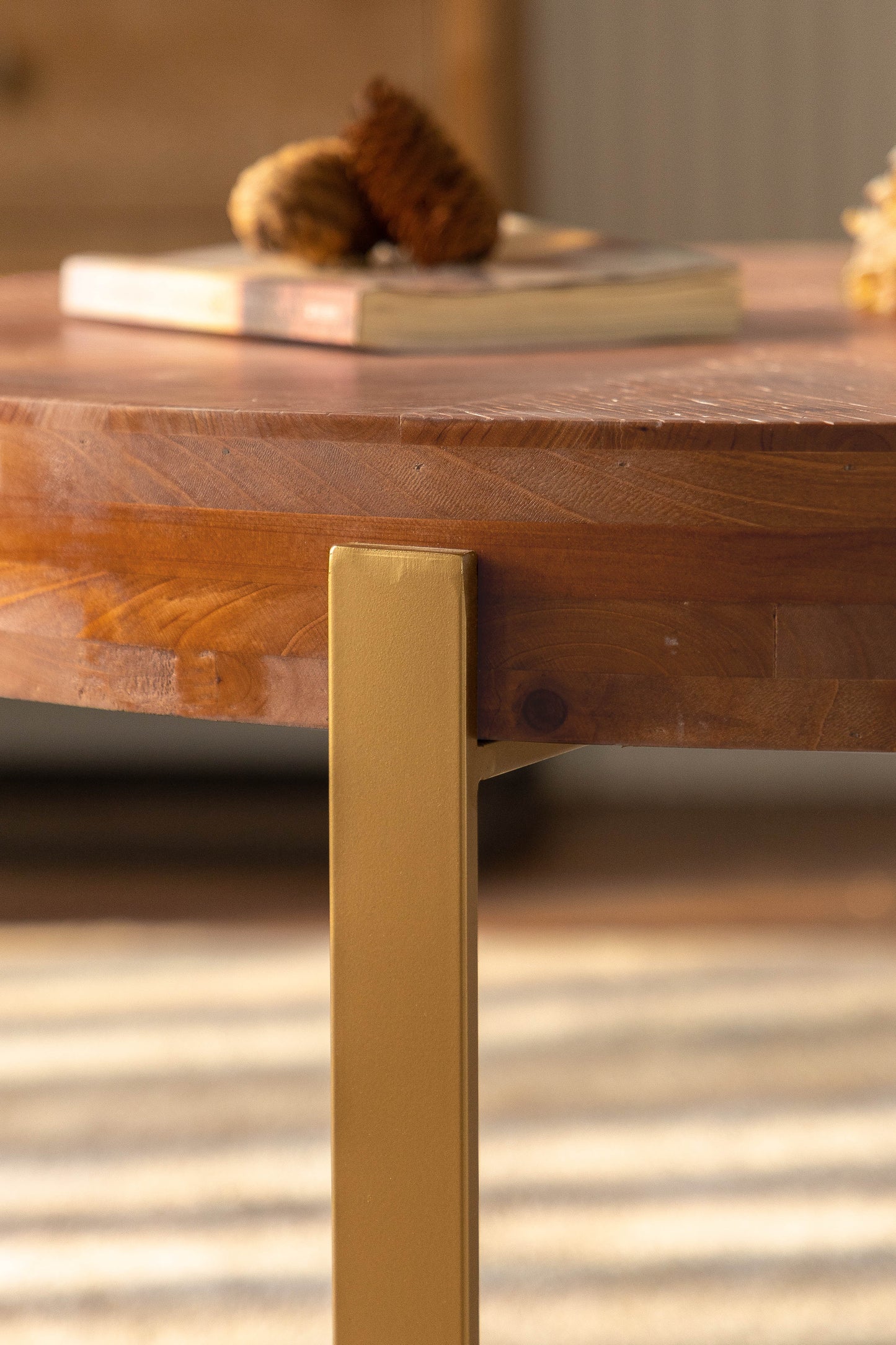 33.86"Modern Retro Splicing Round Coffee Table Fir Wood Table Top with Gold Cross Legs Base(Same SKU:W757126236) - Korvel