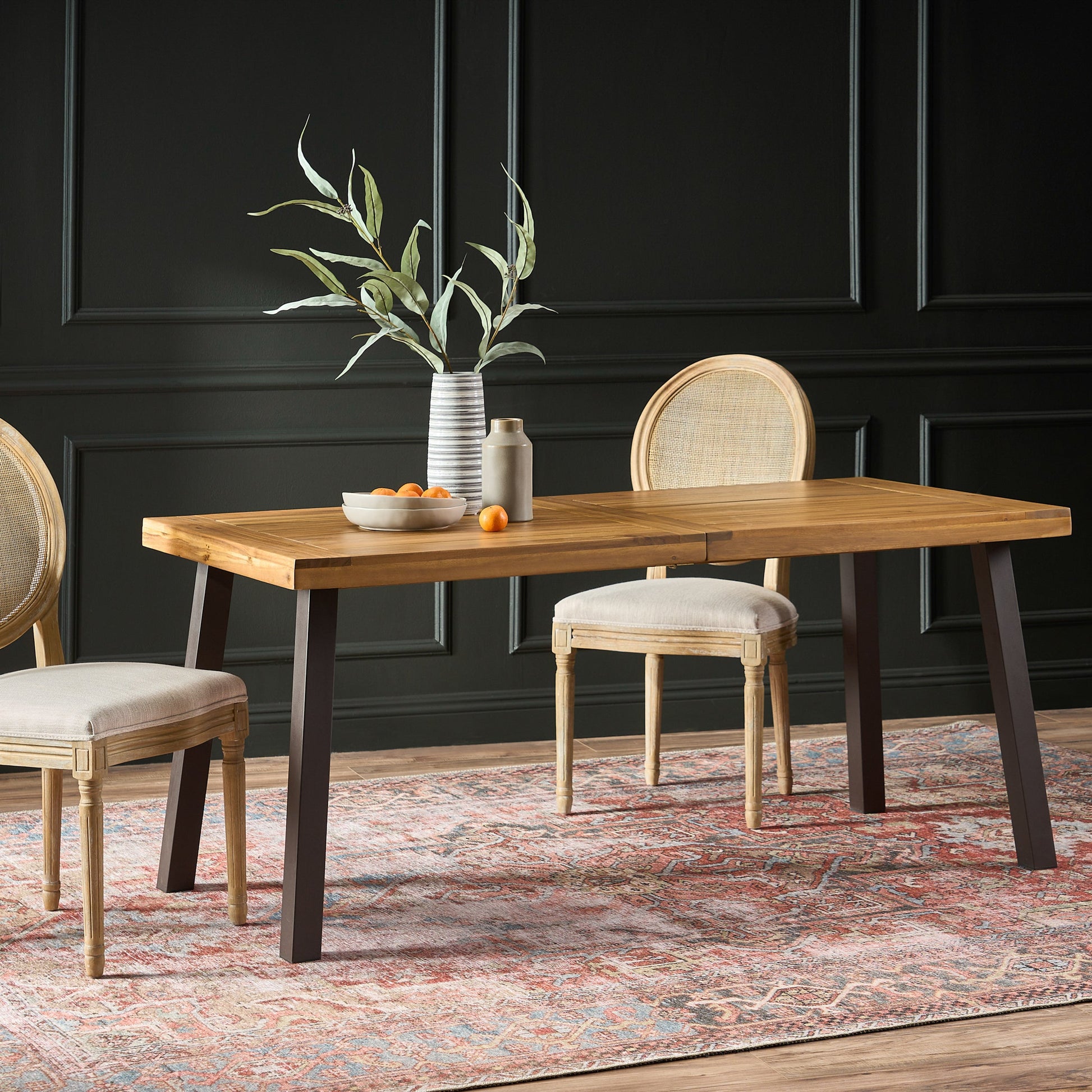 Della Acacia Wood Dining Table, Natural Stained with Rustic Metal, Brown, Grey - Korvel