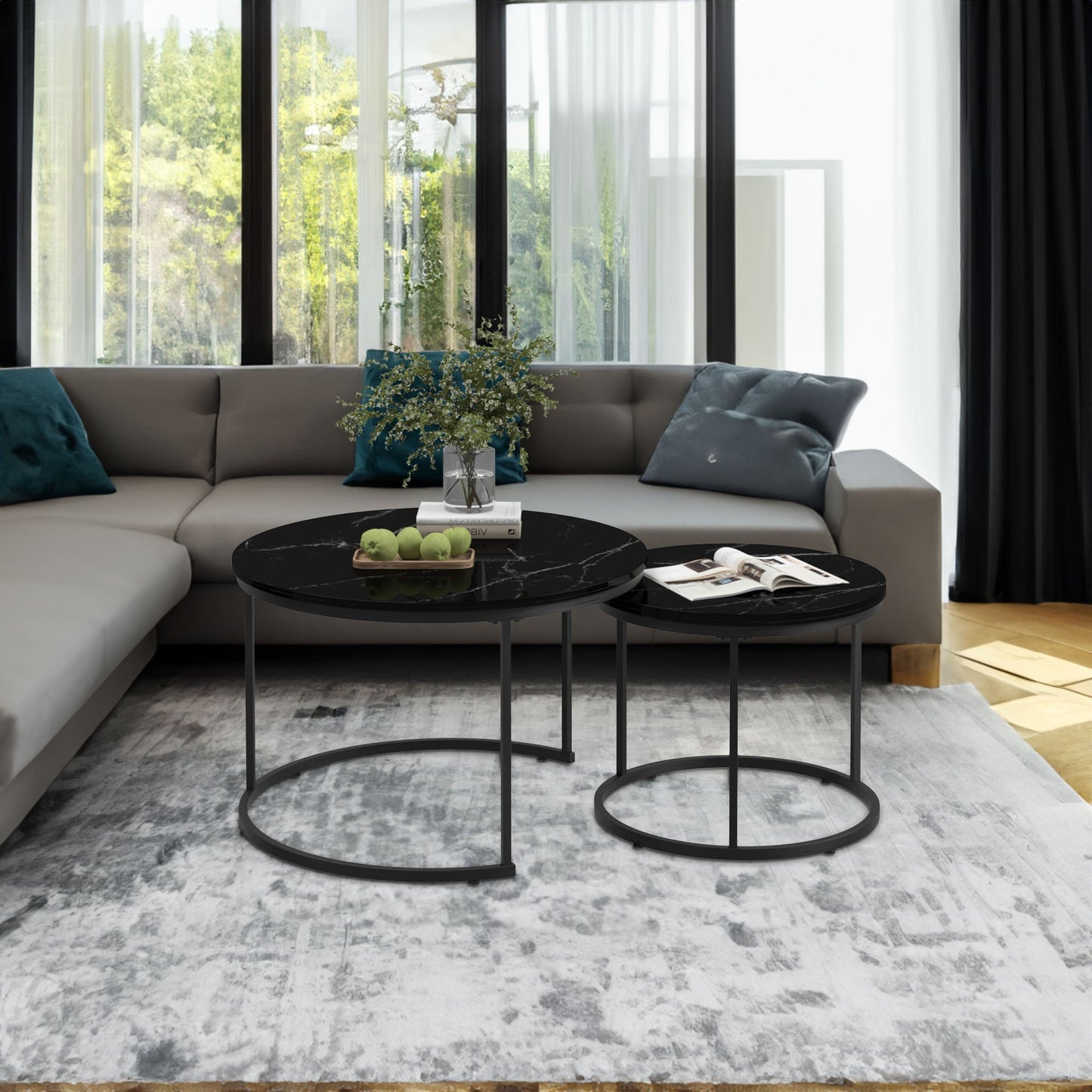 A set of nested coffee tables, 27.6-inch round coffee table, wooden marble patterned tabletop, sturdy metal frame (black) - Korvel