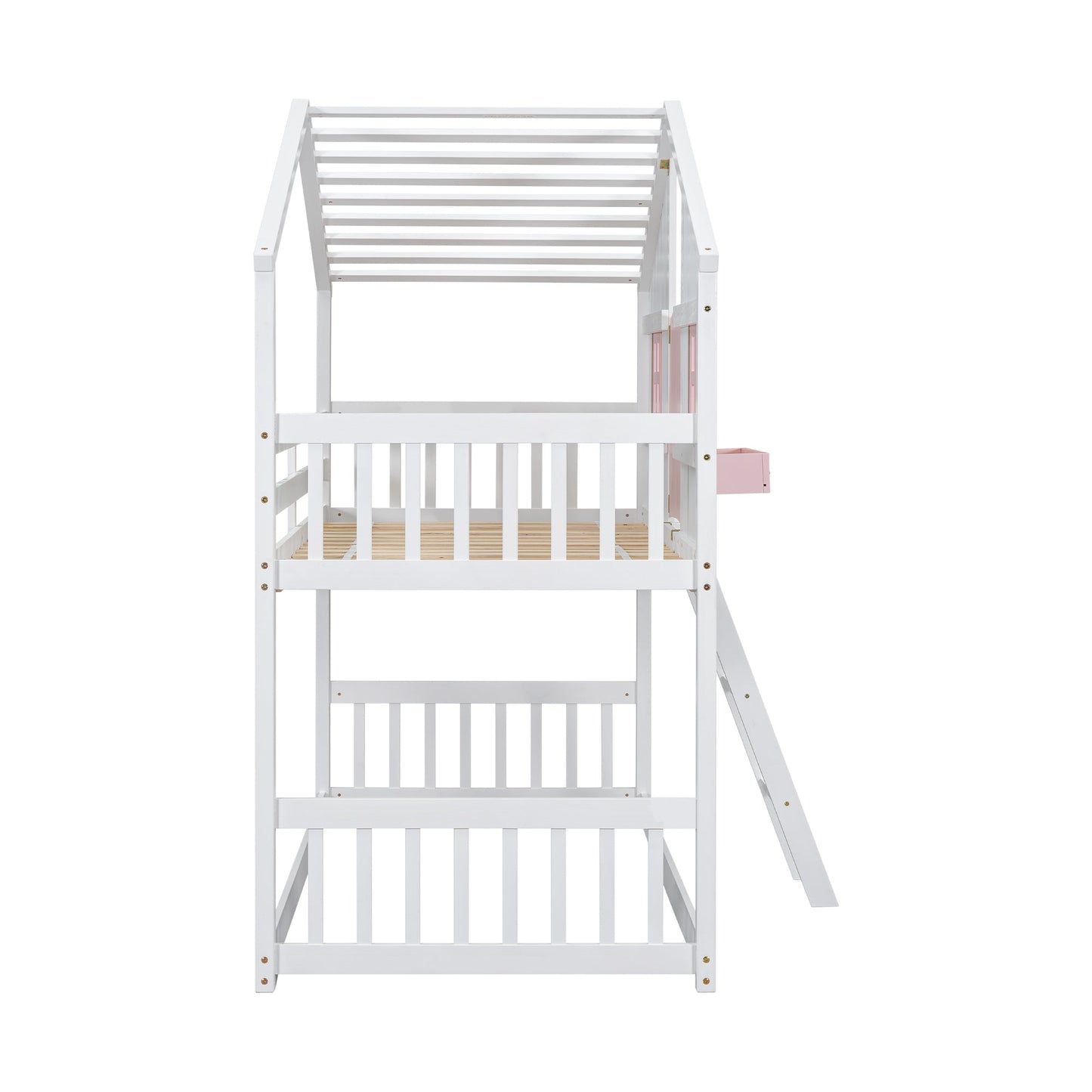 Twin over Twin House Bunk Bed with Roof , Window, Window Box, Door , with Safety Guardrails and Ladder, Pink/White - Korvel