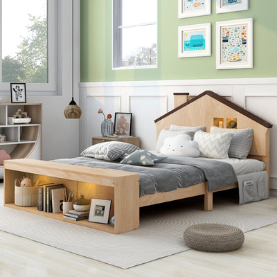 Full Size House Platform Bed with LED Lights and Storage, Wood Color - Korvel