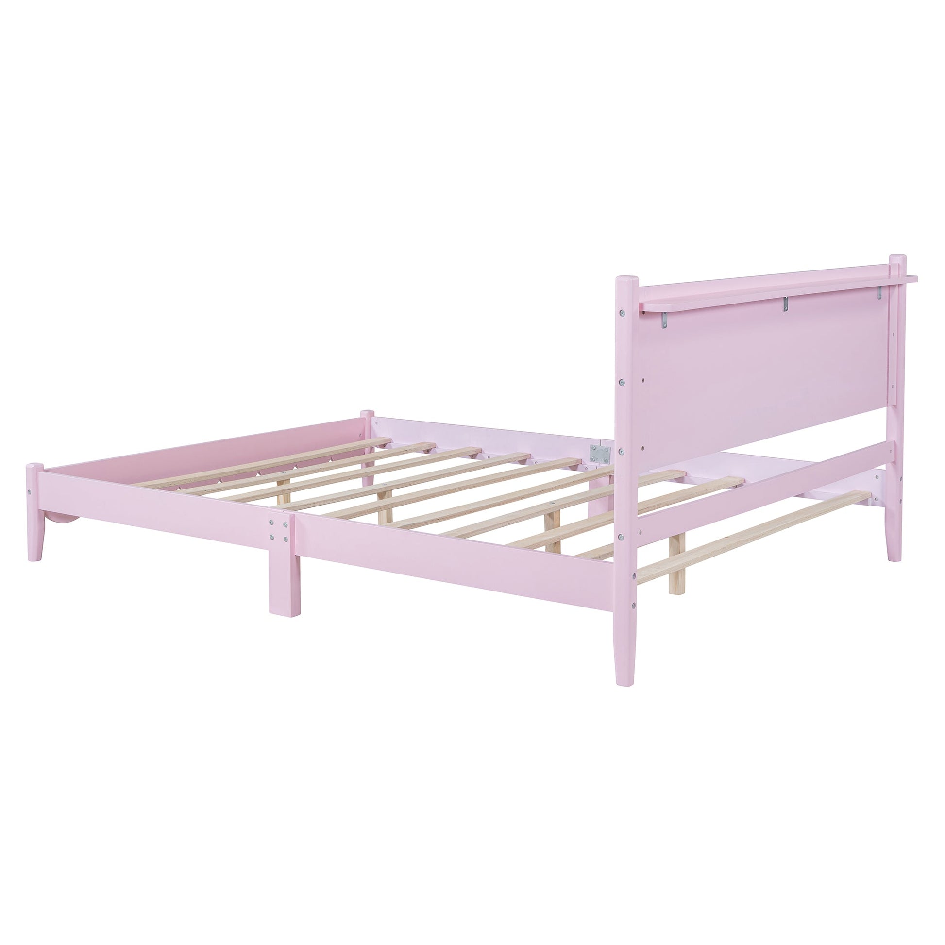 Queen Size Wood Platform Bed Frame, Retro Style Bed with Rectangular Headboard,No Need Box Spring,Pink - Korvel